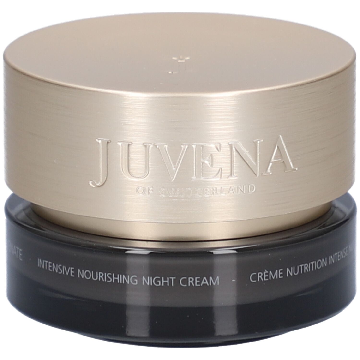 Dunkle Creme-Dose mit goldenem Deckel. Aufschrift: Juvena of Switzerland. Text: Intensive Nourishing Night Cream.