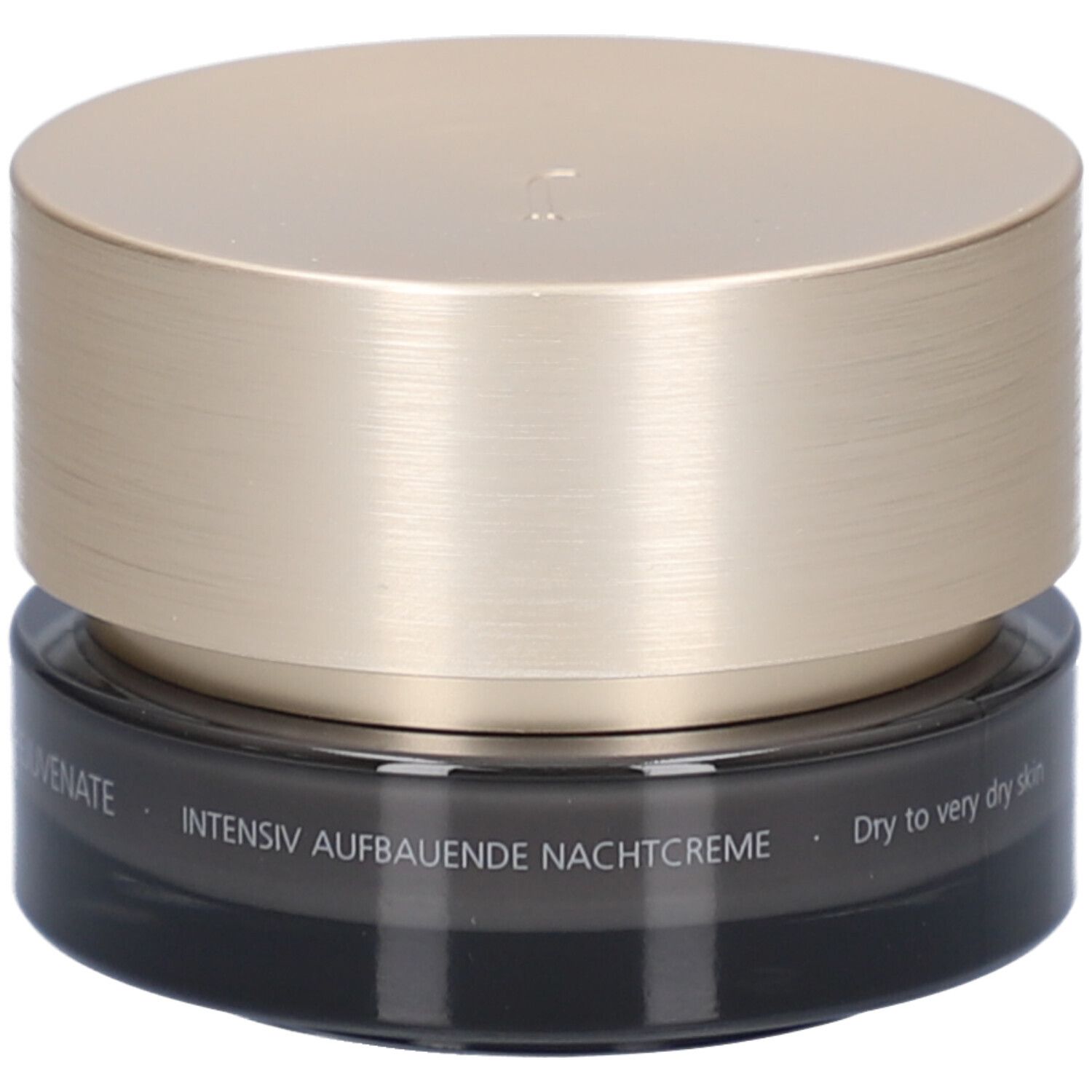 Dunkle Creme-Dose mit goldenem Deckel. Aufschrift: Juvena of Switzerland. Text: Intensiv Aufbauende Nachtcreme.