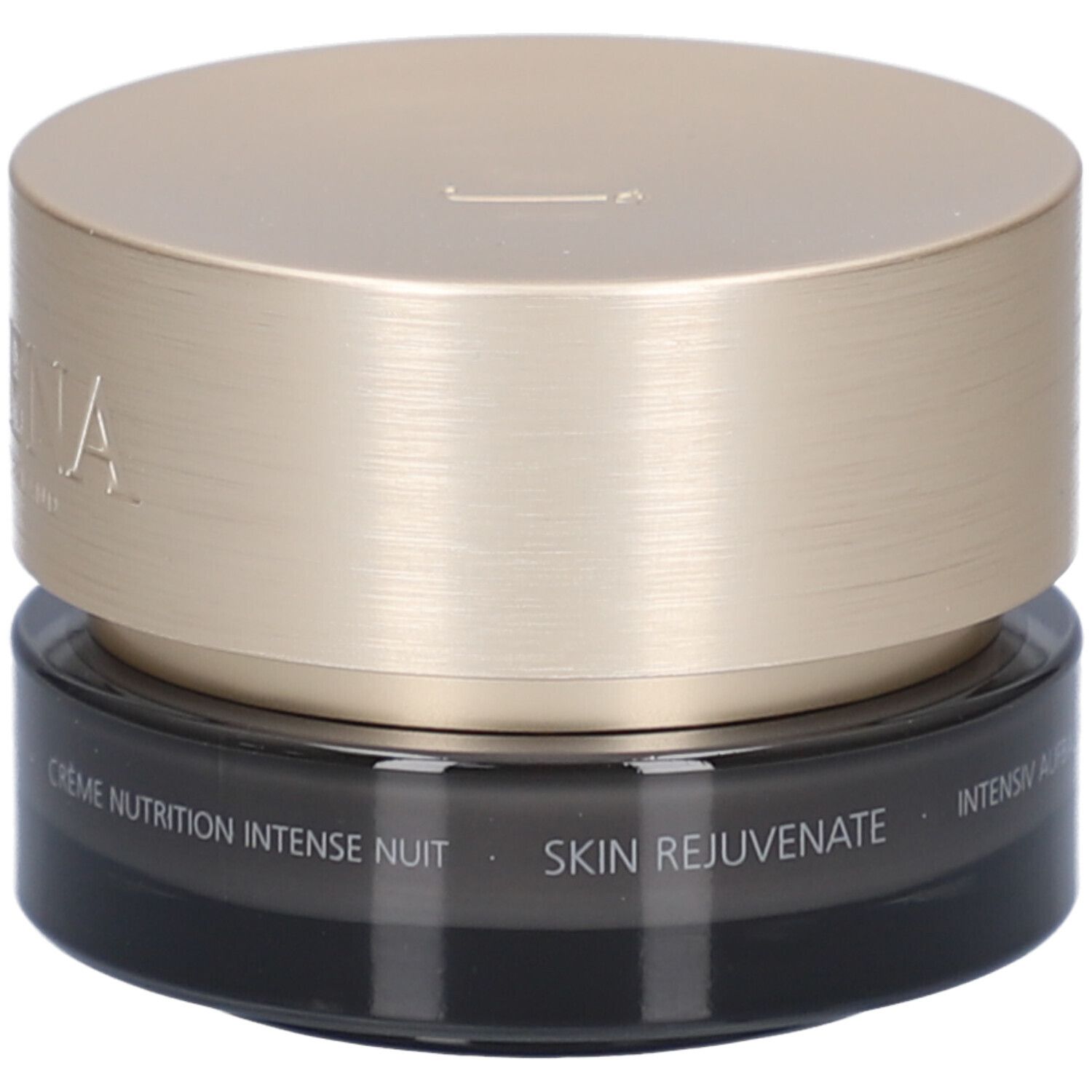 Dunkle Creme-Dose mit goldenem Deckel. Aufschrift: Juvena of Switzerland. Text: Crème Nutrition Intense Nuit, Skin Rejuvenate.
