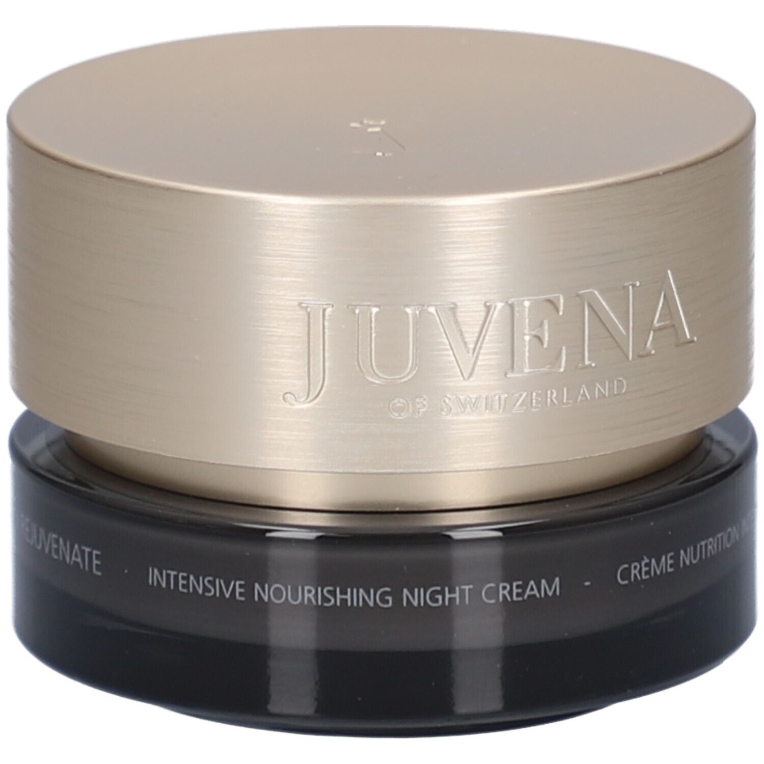 Dunkle Creme-Dose mit goldenem Deckel. Aufschrift: Juvena of Switzerland. Text: Intensive Nourishing Night Cream.