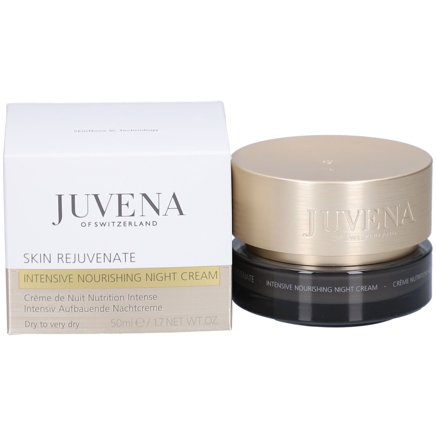 Creme-Dose und Schachtel. Dose mit goldenem Deckel. Aufschrift: Juvena of Switzerland. Text: Intensive Nourishing Night Cream.