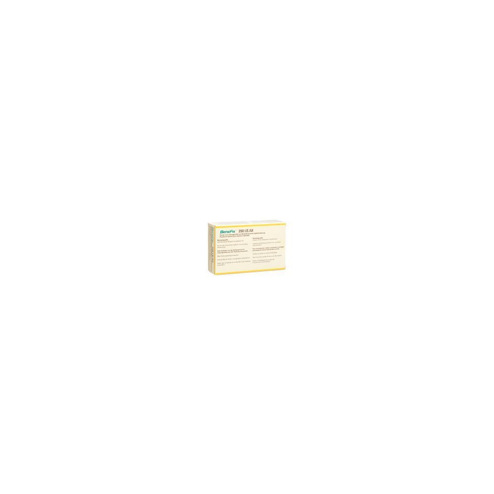 Kartonverpackung mit Produktinformationen. Aufschrift: BENEFIX Trockensub 250 IE c Solv Durchstf 5 ml.