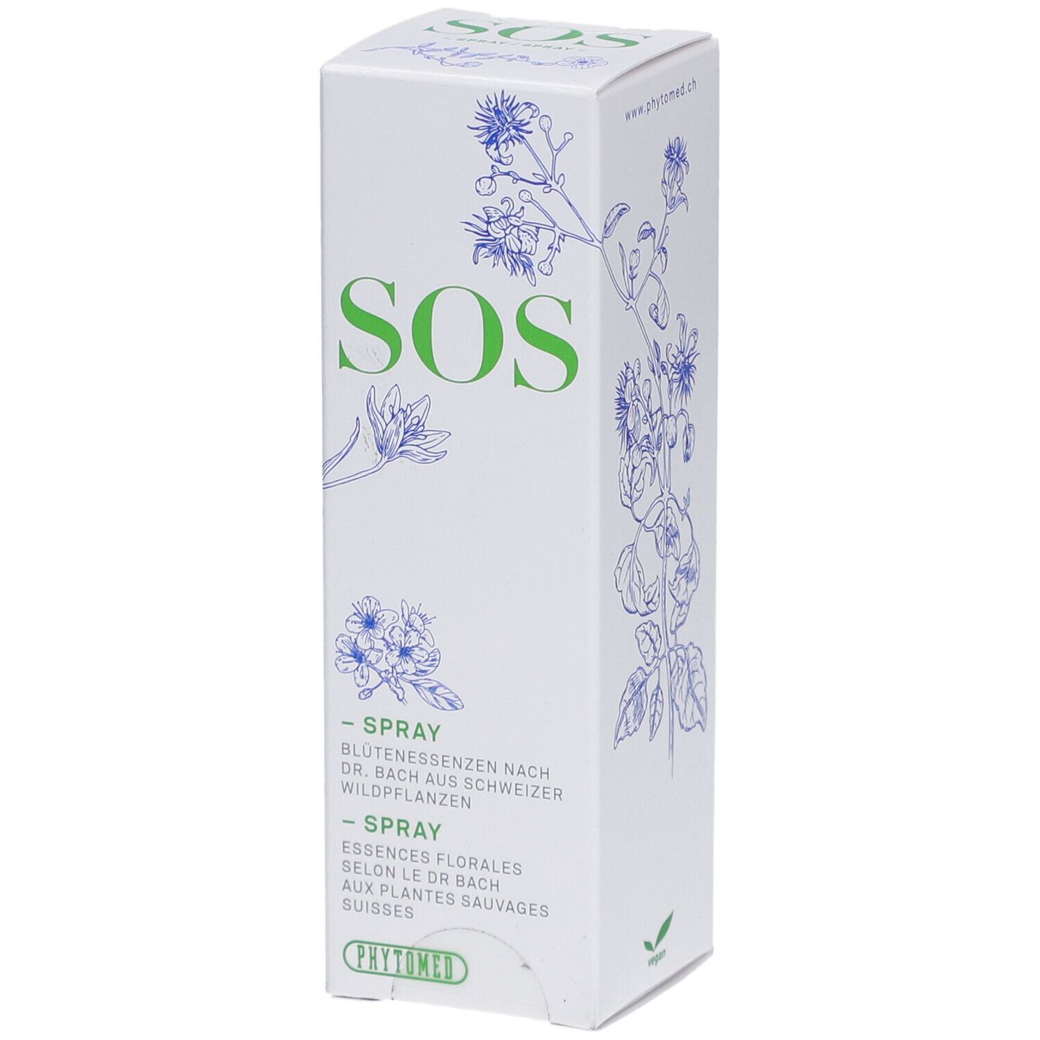Weiße Schachtel mit grünem "SOS"-Schriftzug und floralen Illustrationen. "Spray" und "Phytomed" sind ebenfalls sichtbar.