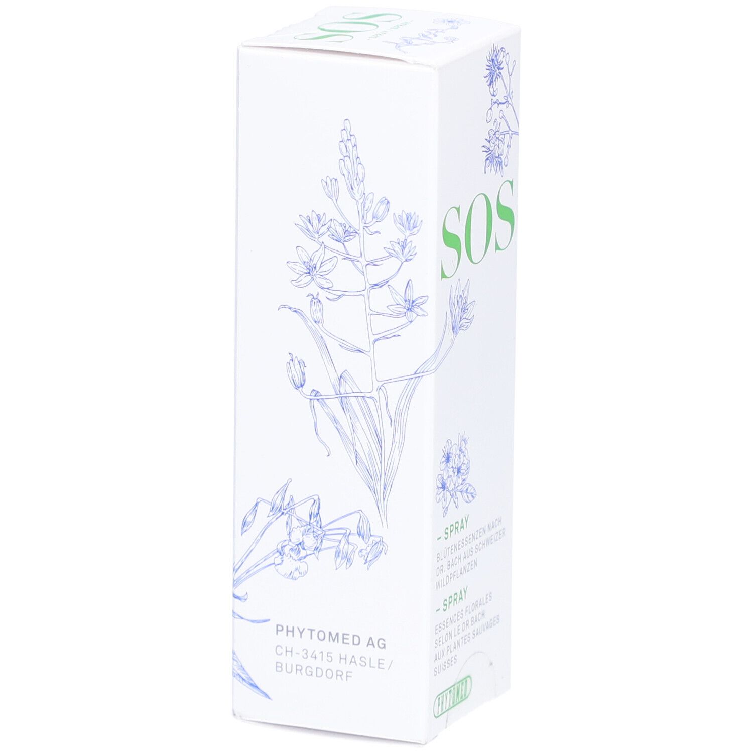 Weiße Schachtel mit grünem "SOS"-Schriftzug und floralen Illustrationen. "Phytomed AG" und "Spray" sind sichtbar.