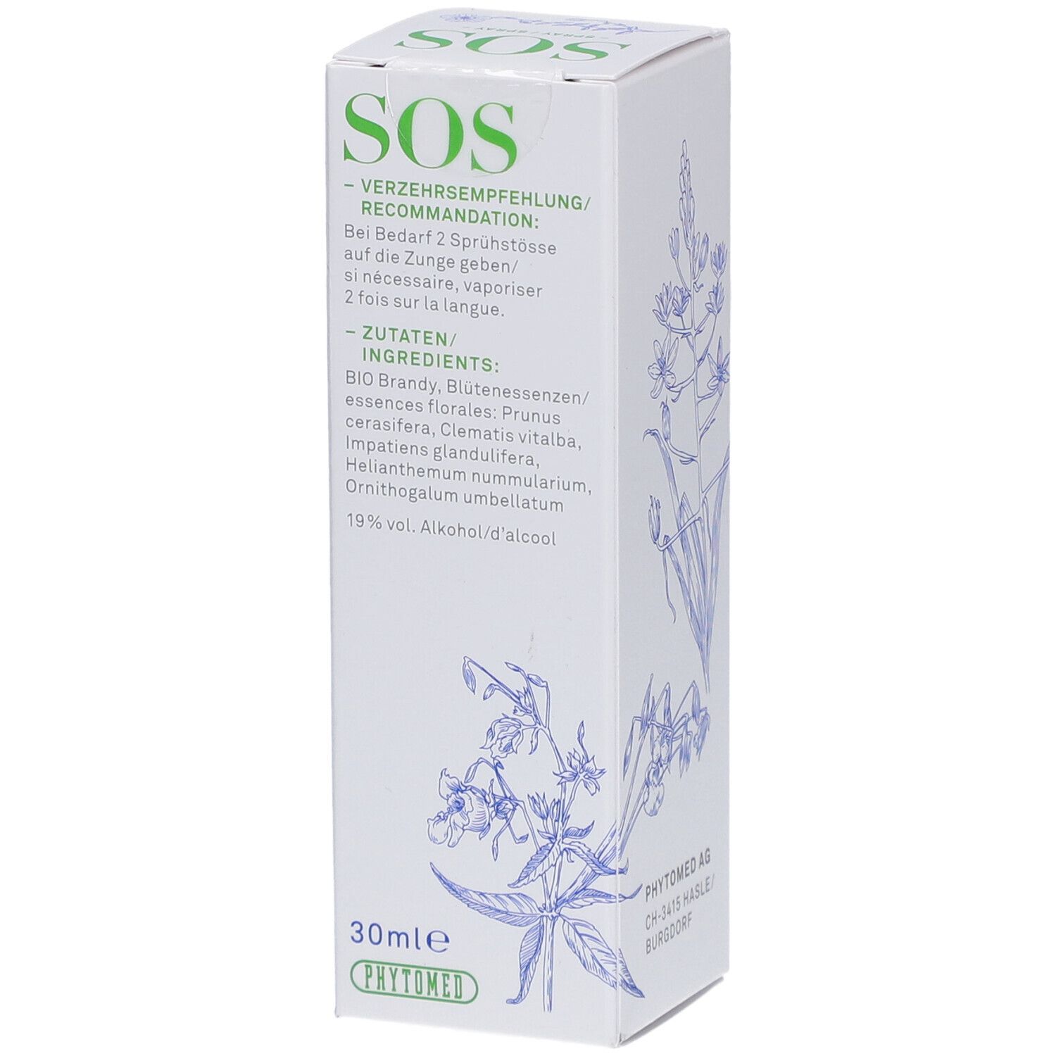 Weiße Schachtel mit grünem "SOS"-Schriftzug. Enthält Informationen zu Inhaltsstoffen und Anwendung. "30ml" und "Phytomed" sind sichtbar.