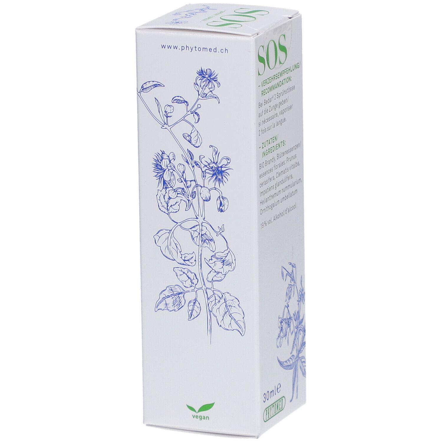 Weiße Schachtel mit grünem "SOS"-Schriftzug und floralen Illustrationen. "30ml" und "Phytomed" sind sichtbar.