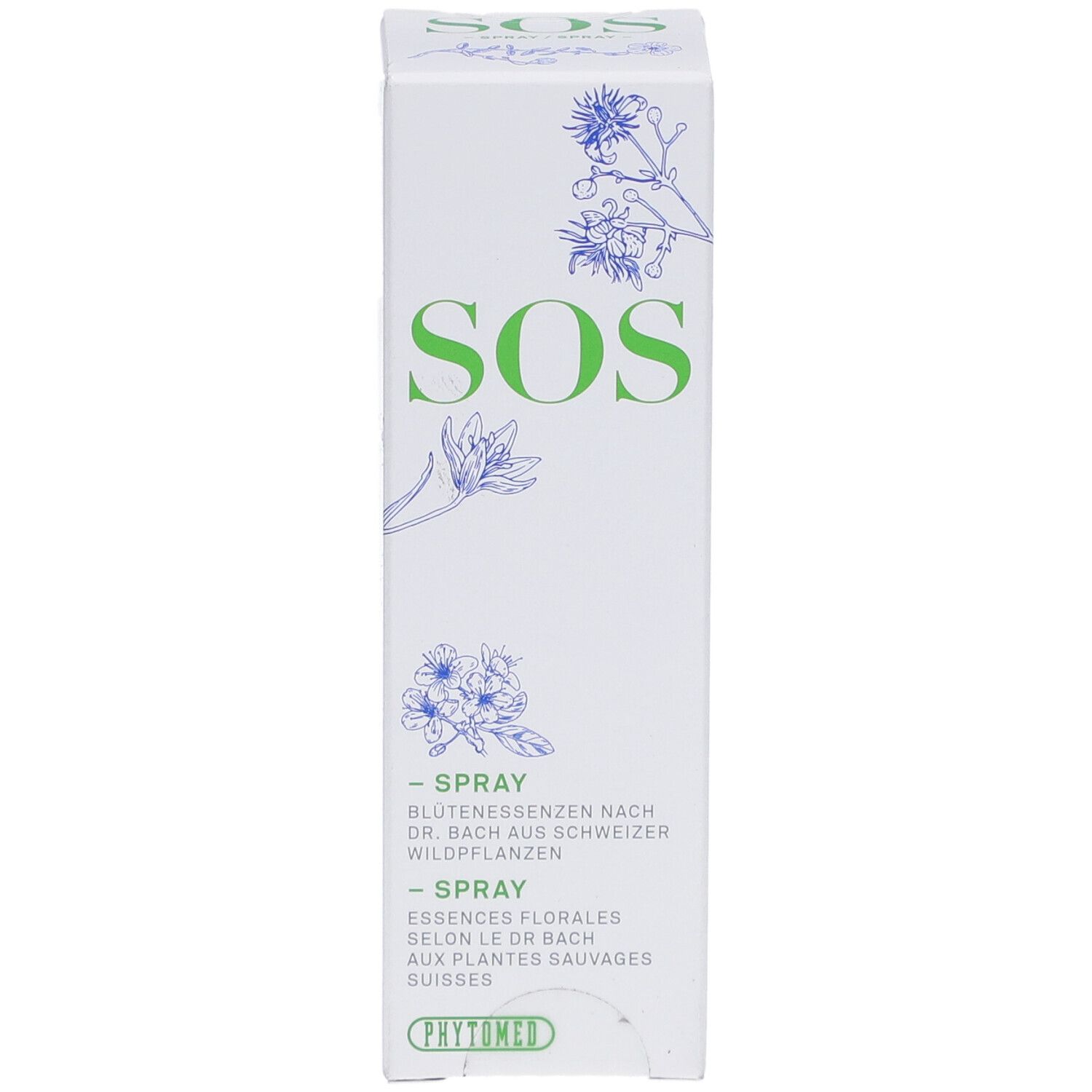 Weiße Schachtel mit grünem "SOS"-Schriftzug und floralen Illustrationen. "Spray" und "Phytomed" sind ebenfalls sichtbar.
