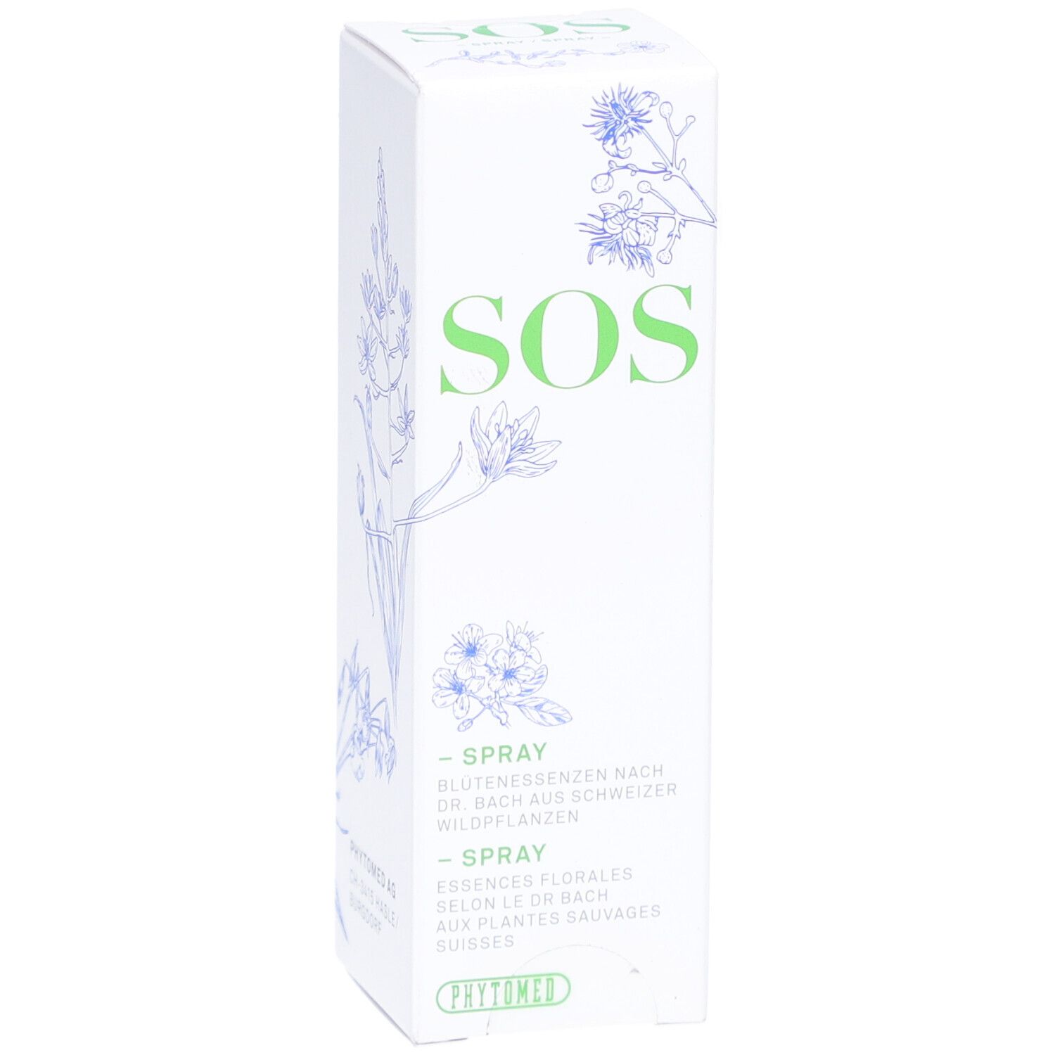 Weiße Schachtel mit grünem "SOS"-Schriftzug und floralen Illustrationen. "Spray" und "Phytomed" sind ebenfalls sichtbar.