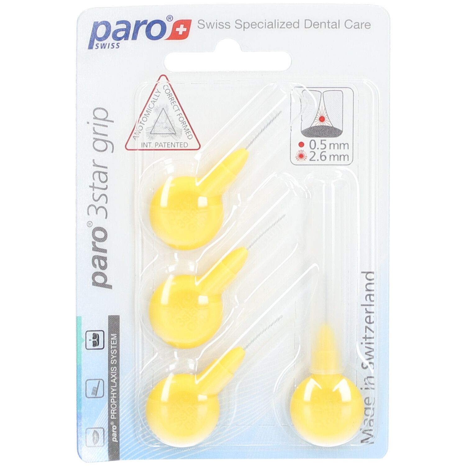 Gelbe Interdentalbürsten in Blisterverpackung. 3 Bürsten mit gelben Griffen, 2.6 mm. Marke Paro.