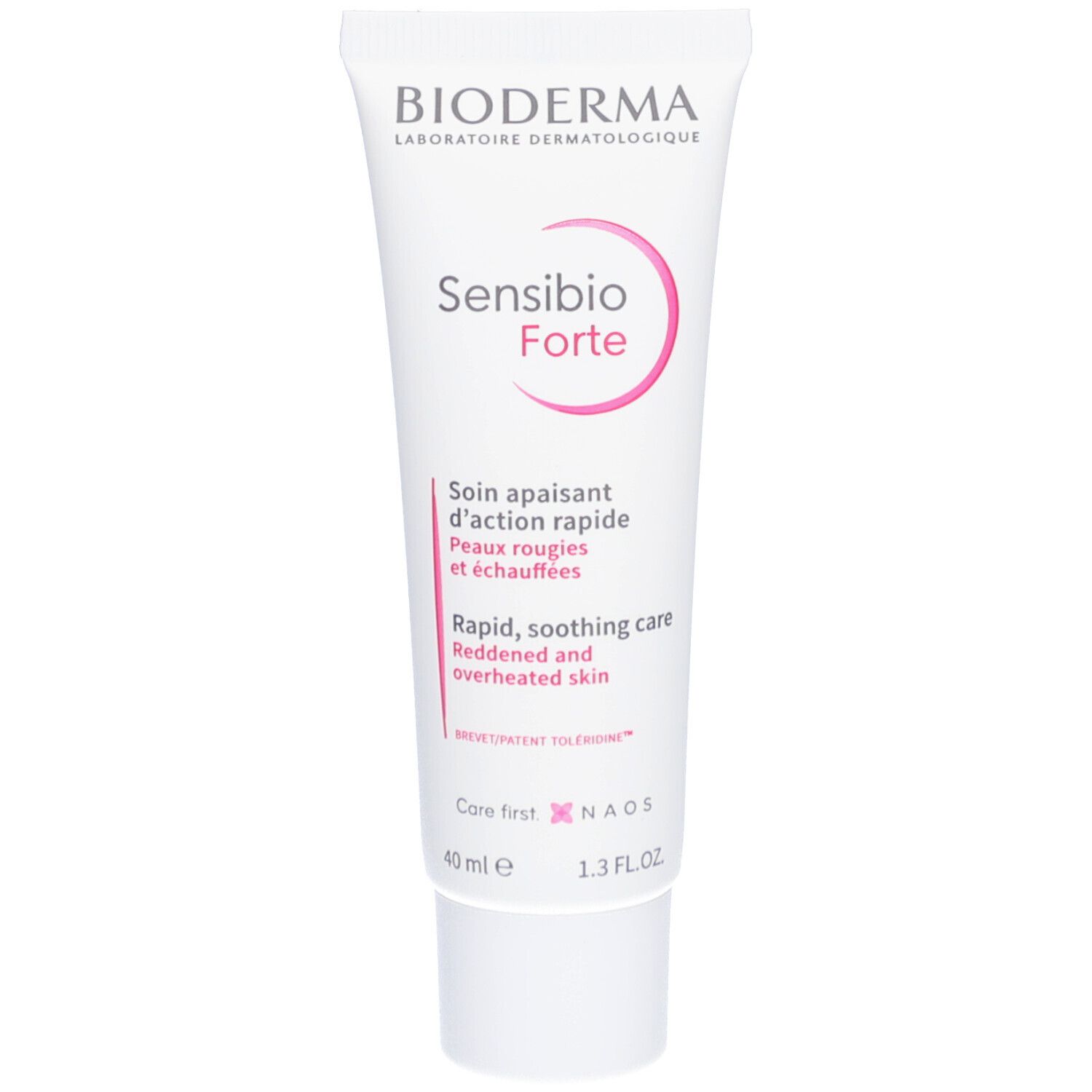 Weiße Tube mit roter und schwarzer Schrift. Aufschrift: Bioderma Sensibio Forte. 40 ml.