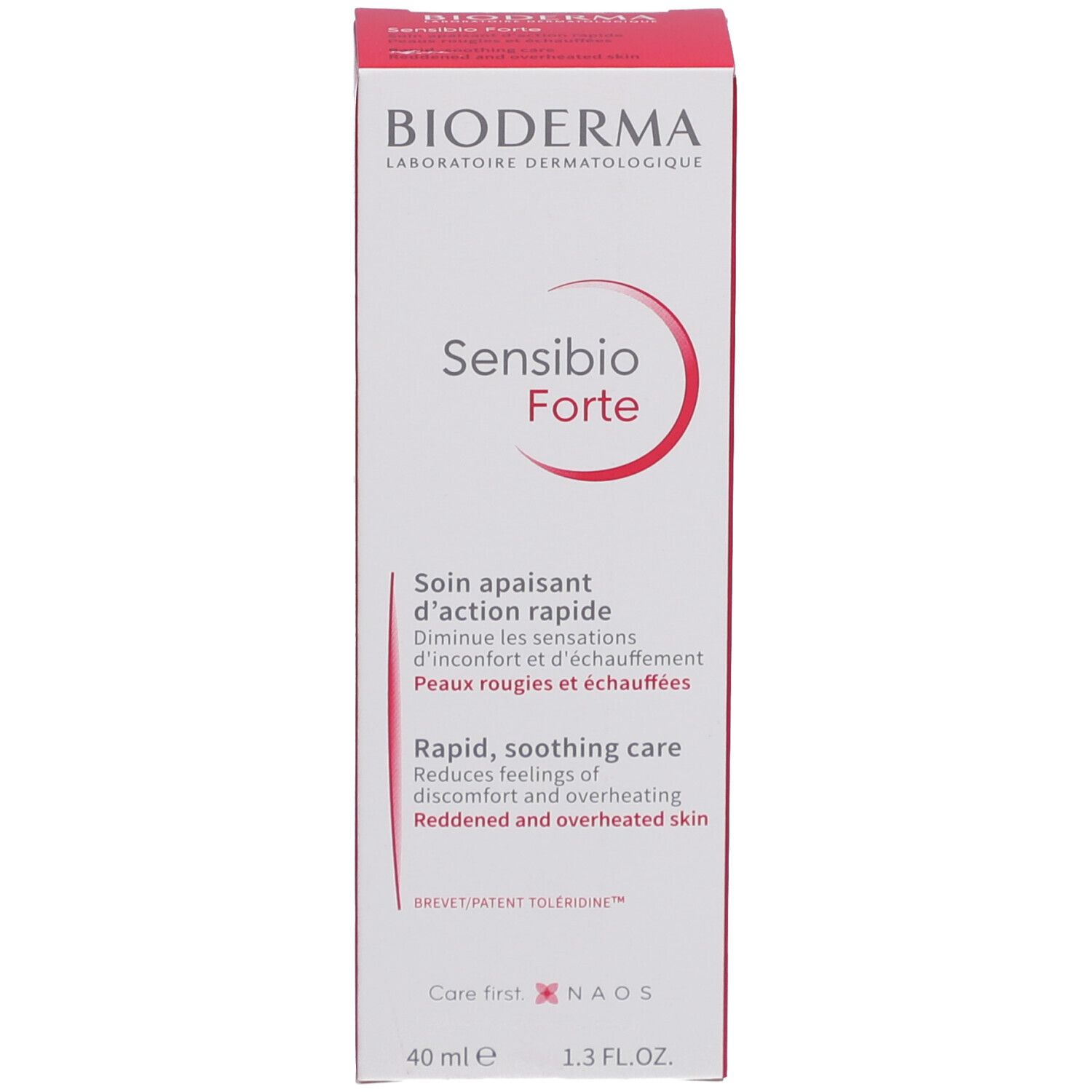 Rote Produktverpackung. Aufschrift: Bioderma Sensibio Forte. Text in weißer Schrift. 40 ml.