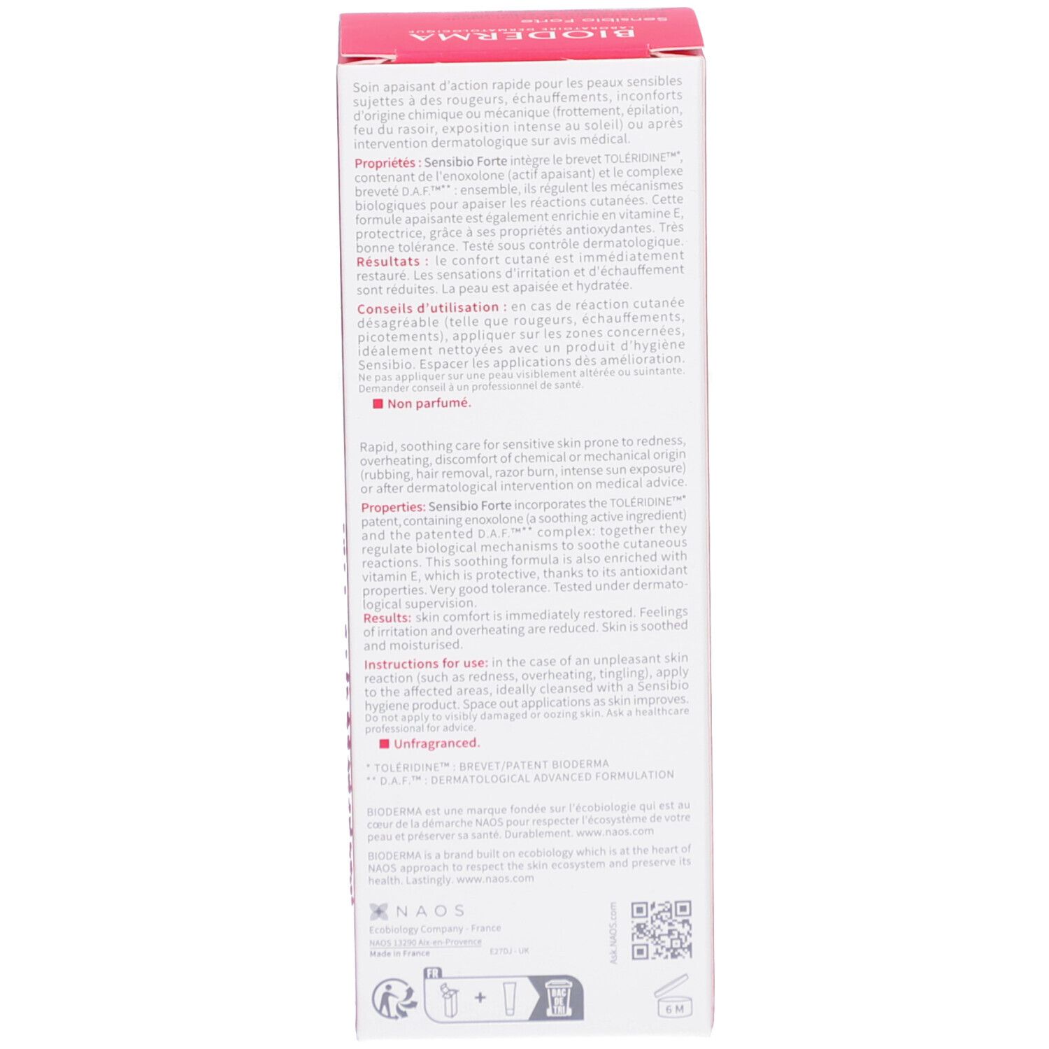 Rote Produktverpackung. Text in mehreren Sprachen. Aufschrift: Bioderma Sensibio Forte. Inhaltsstoffe.