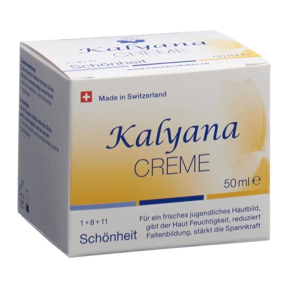 Kalyana Creme 50 ml Verpackung mit Schweizer Kreuz und "Made in Switzerland" Aufdruck.