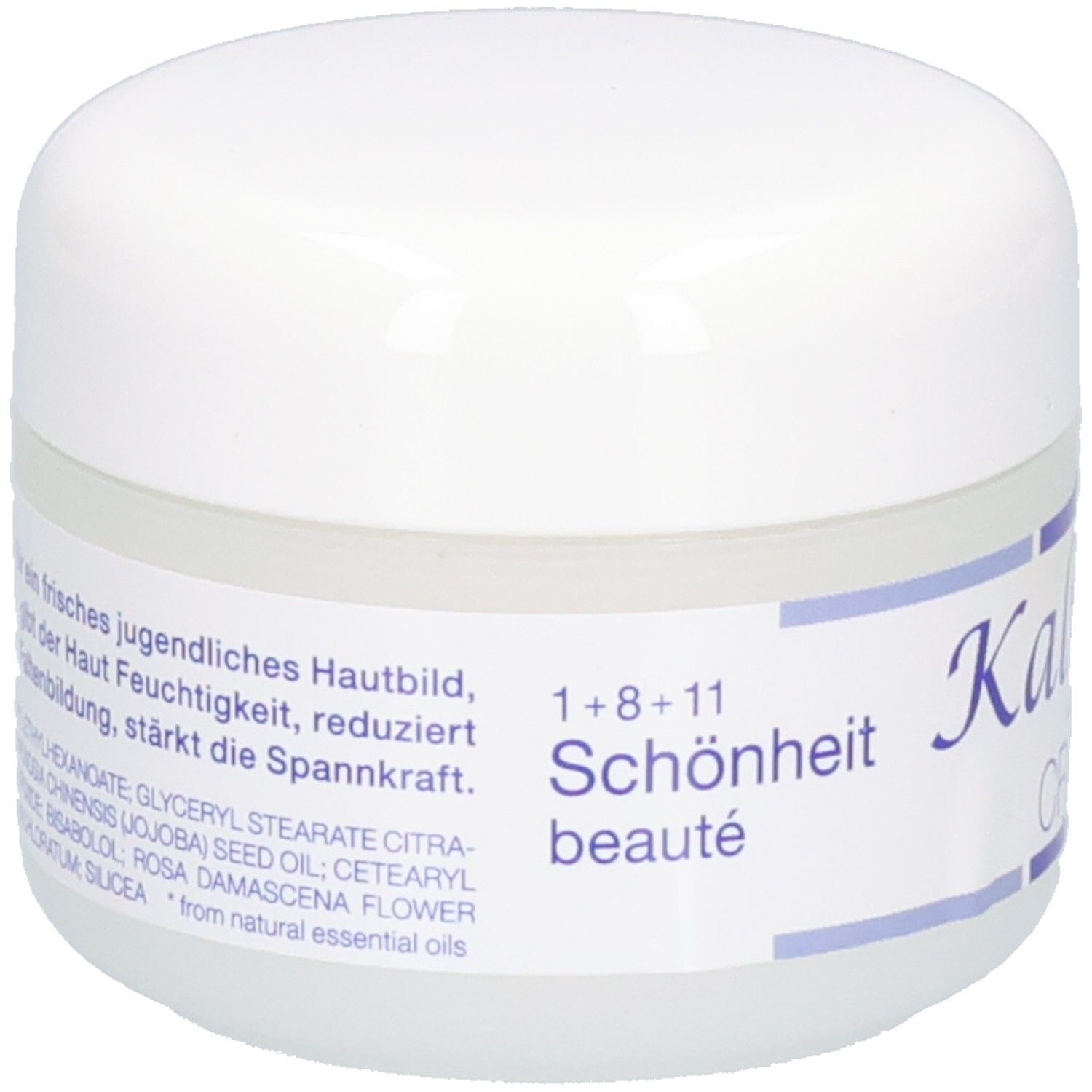 Kalyana Creme 50 ml Tiegel, Rückseite mit Inhaltsstoffen und "Schönheit" Aufdruck.