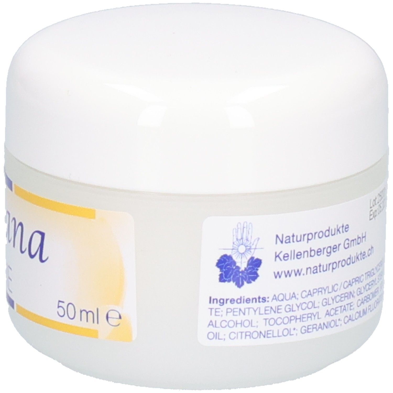 Kalyana Creme 50 ml Tiegel, Seite mit Herstellerangaben und Website.