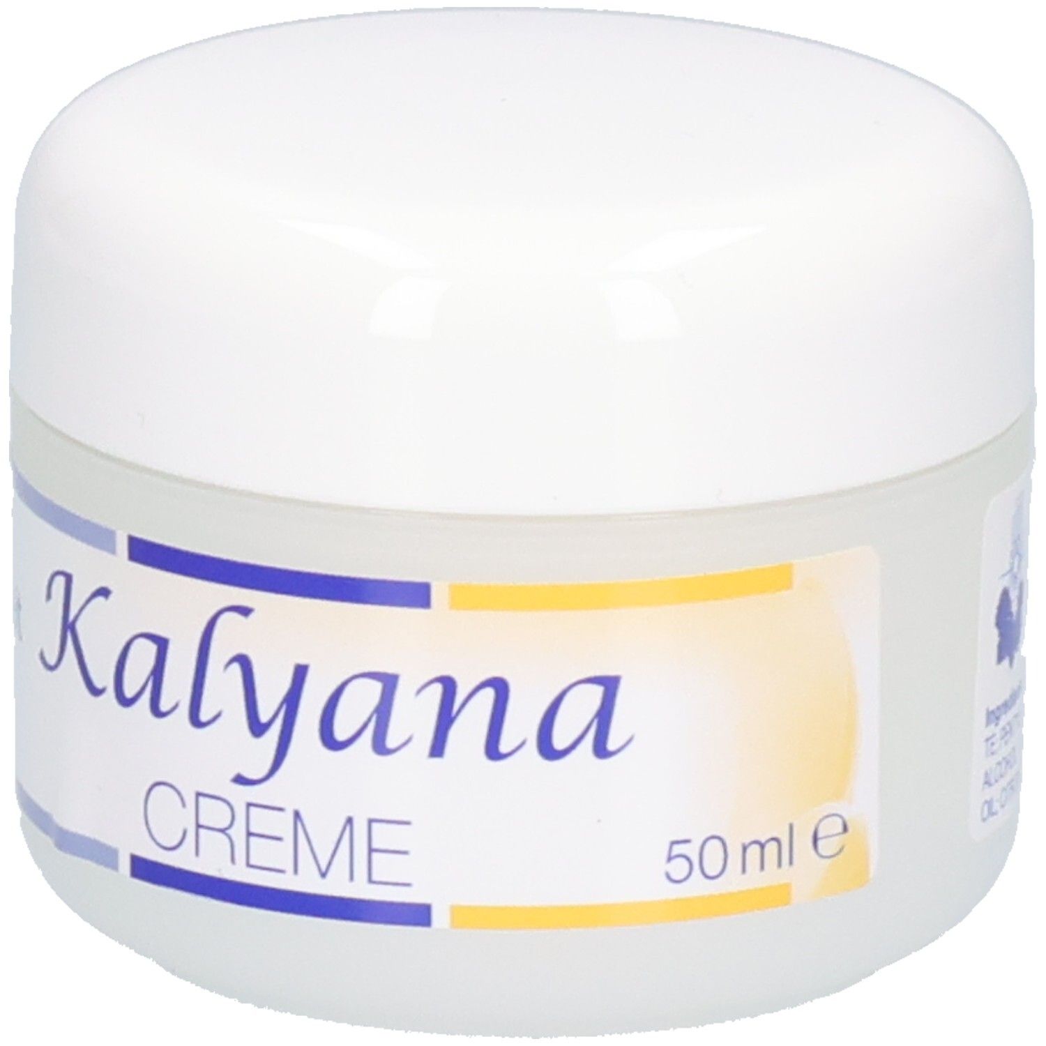 Kalyana Creme 50 ml Tiegel, Vorderseite mit blau-gelbem Etikett.