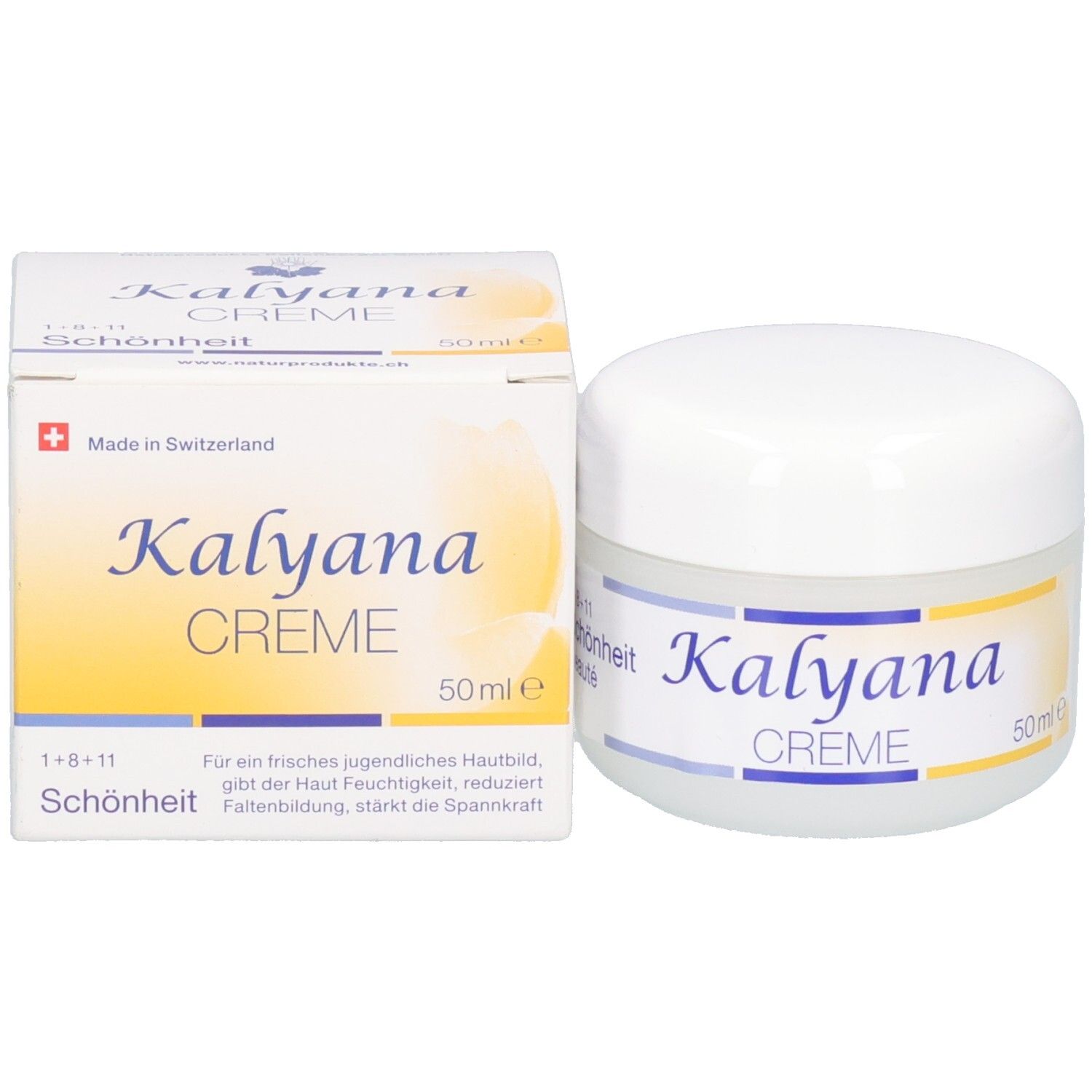 Kalyana Creme 50 ml Tiegel, Etikett mit "Schönheit" und "beaute".