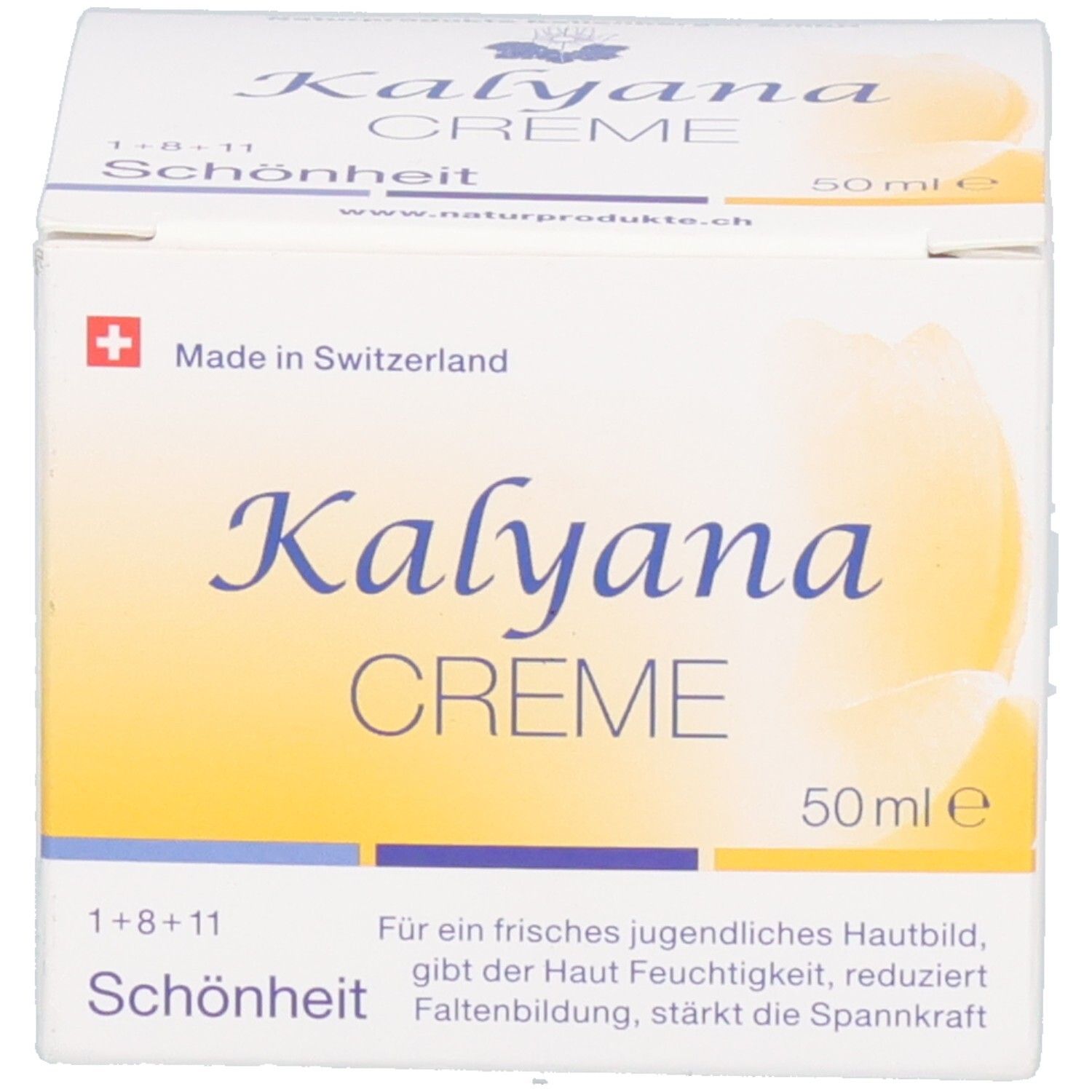 Kalyana Creme 50 ml Verpackung und Tiegel nebeneinander.