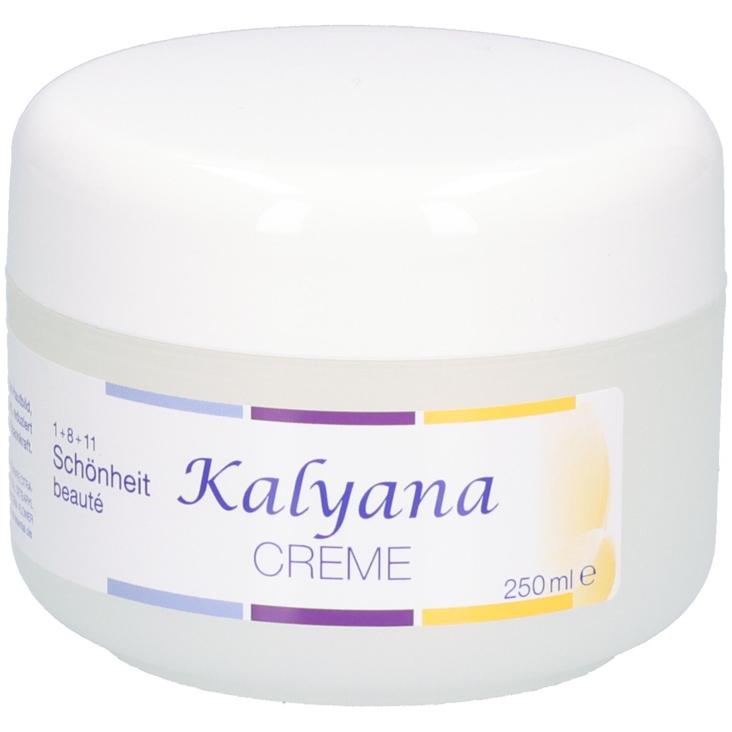 Kalyana Creme Tiegel, weißer Behälter mit Etikett.