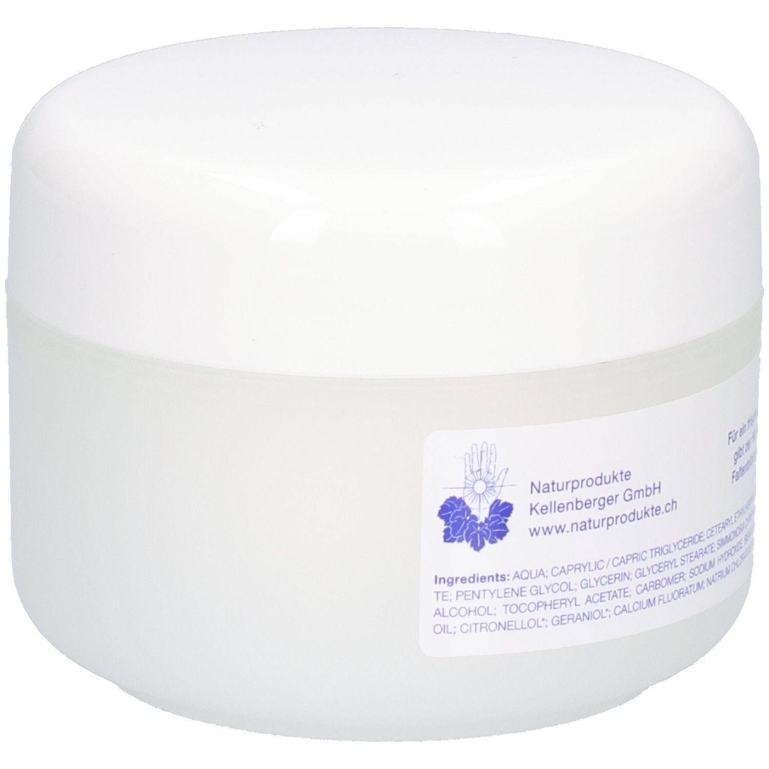 Kalyana Creme Tiegel, Rückseite mit Hersteller- und Webadresse.