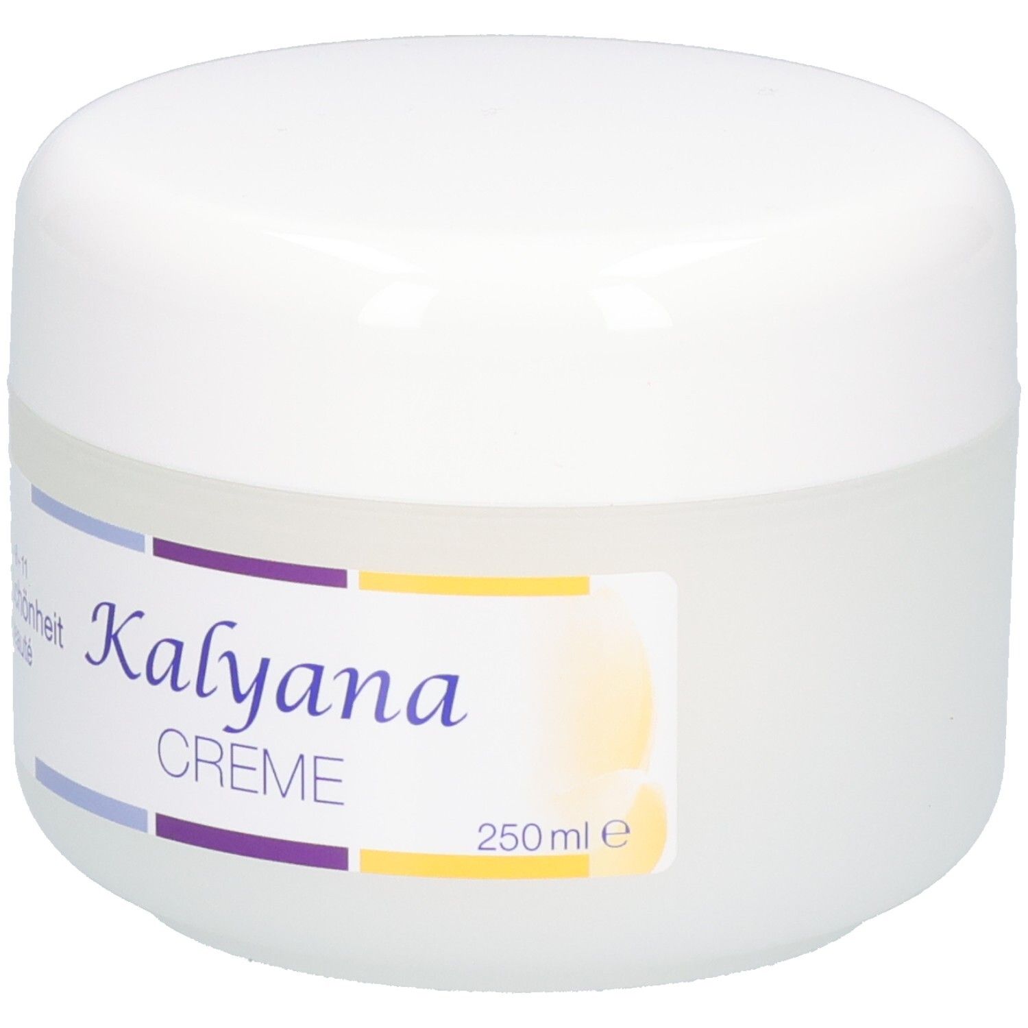 Kalyana Creme Tiegel, Vorderansicht mit Etikett.