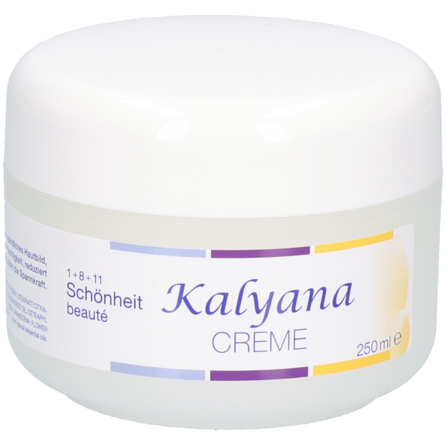 Kalyana Creme Tiegel, Etikett mit Produktnamen und Menge.