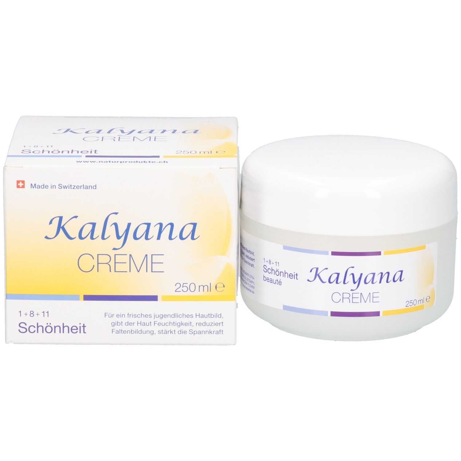 Kalyana Creme Tiegel, leicht schräg von vorne.