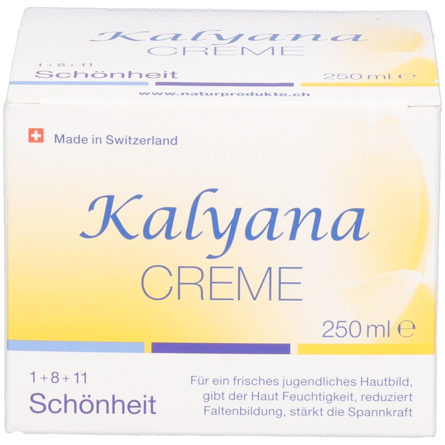 Kalyana Creme Karton und Tiegel nebeneinander.