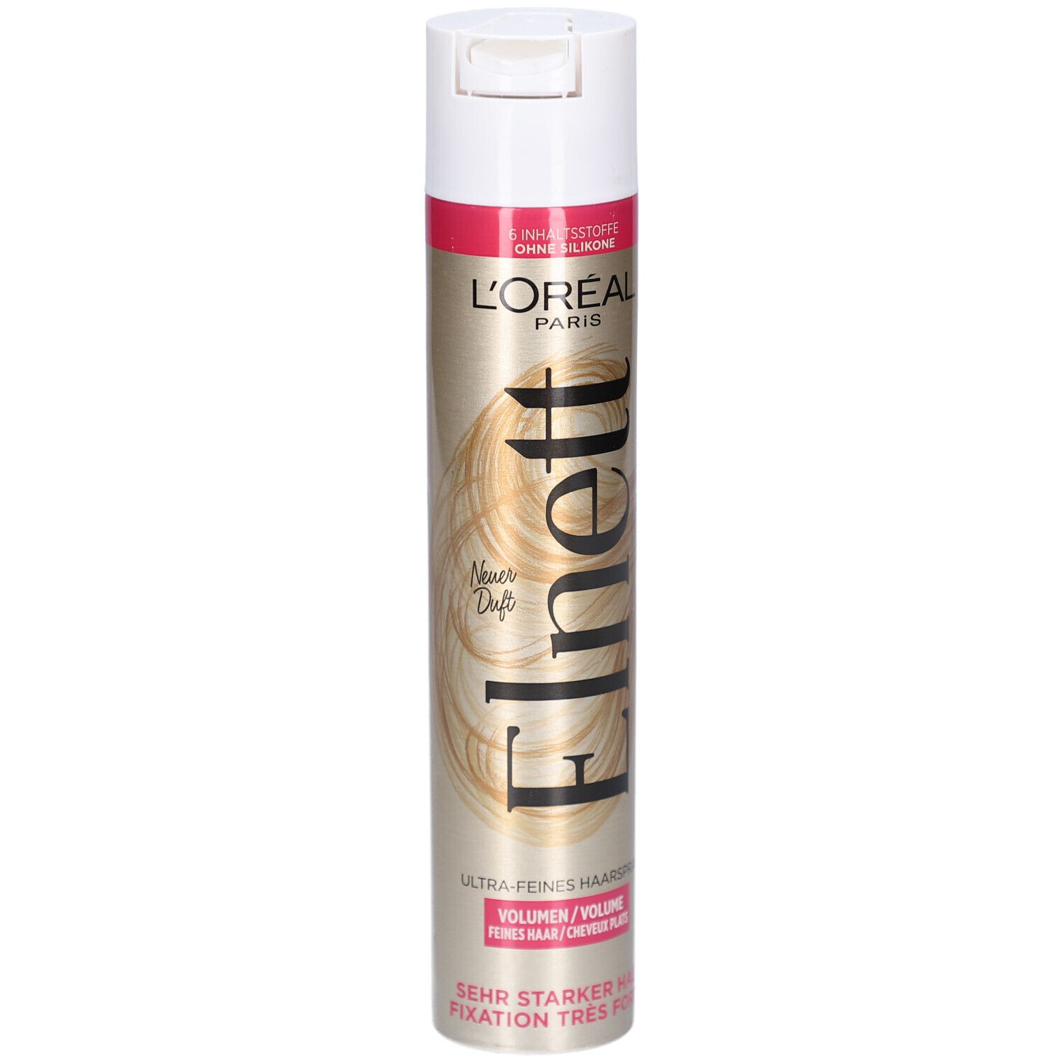 Haarspray L'Oréal Elnett. Weißer Deckel, goldene Dose mit rotem Band. Text: Elnett, Ultra-feines Haarspray, Sehr starker Halt.
