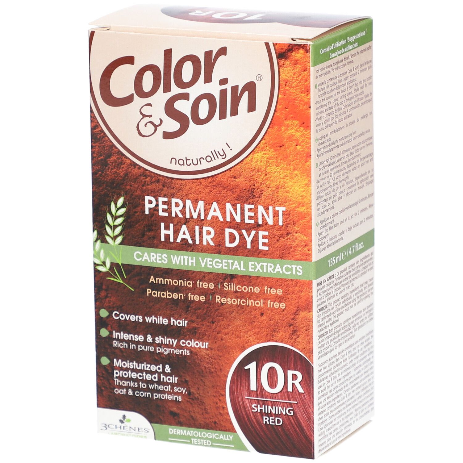Haarfärbemittel-Verpackung. Aufschrift: Color & Soin, Permanent Hair Dye, 10R Shining Red. Frei von Ammoniak, Silikon, Parabenen und Resorcinol.