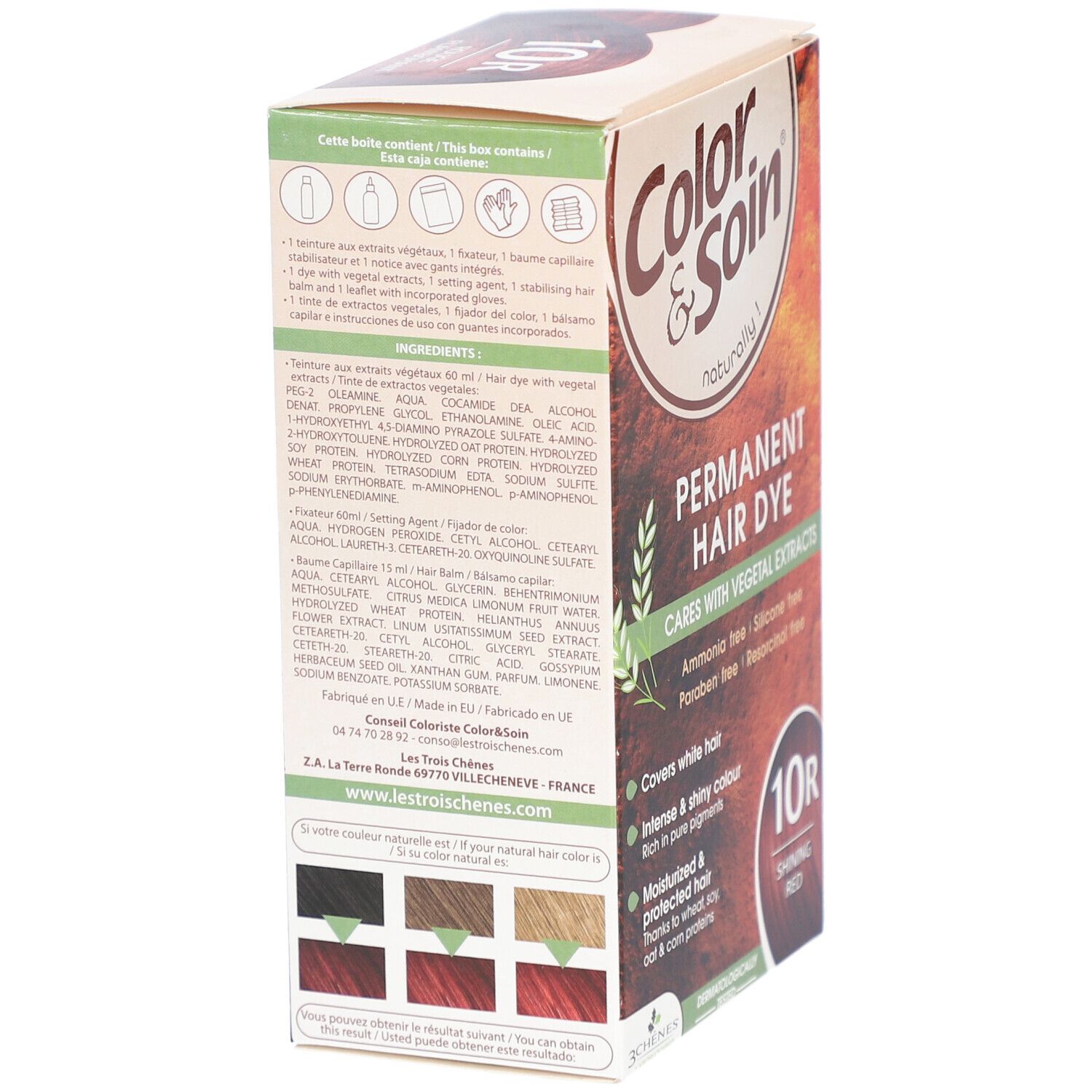 Haarfärbemittel-Verpackung. Aufschrift: Color & Soin, Permanent Hair Dye, 10R Shining Red. Rückseite mit Inhaltsstoffen und Farbbeispielen.