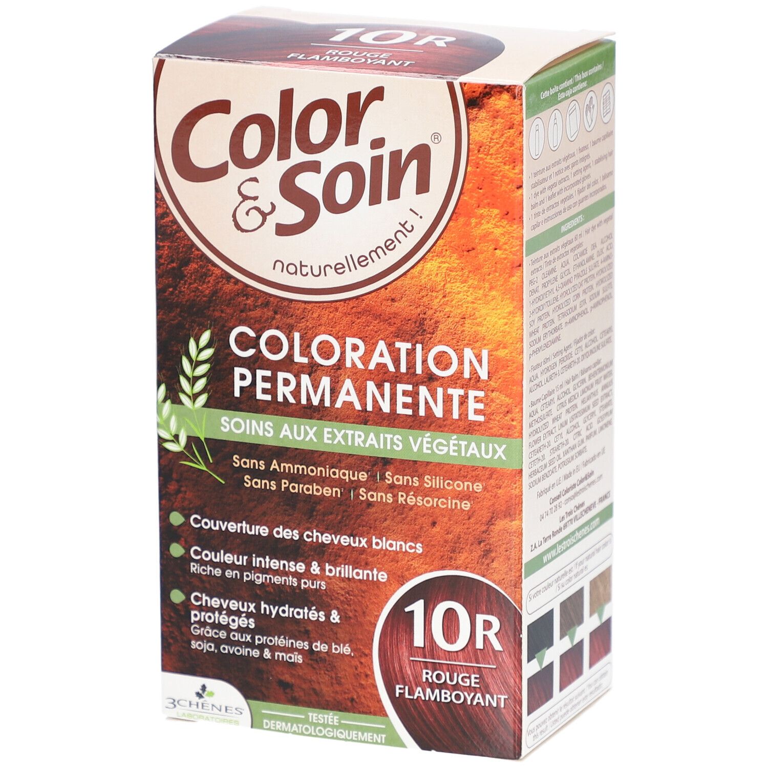 Haarfärbemittel-Verpackung. Aufschrift: Color & Soin, Coloration Permanente, 10R Rouge Flamboyant. Ohne Ammoniak, Silikon, Parabene und Resorcin.