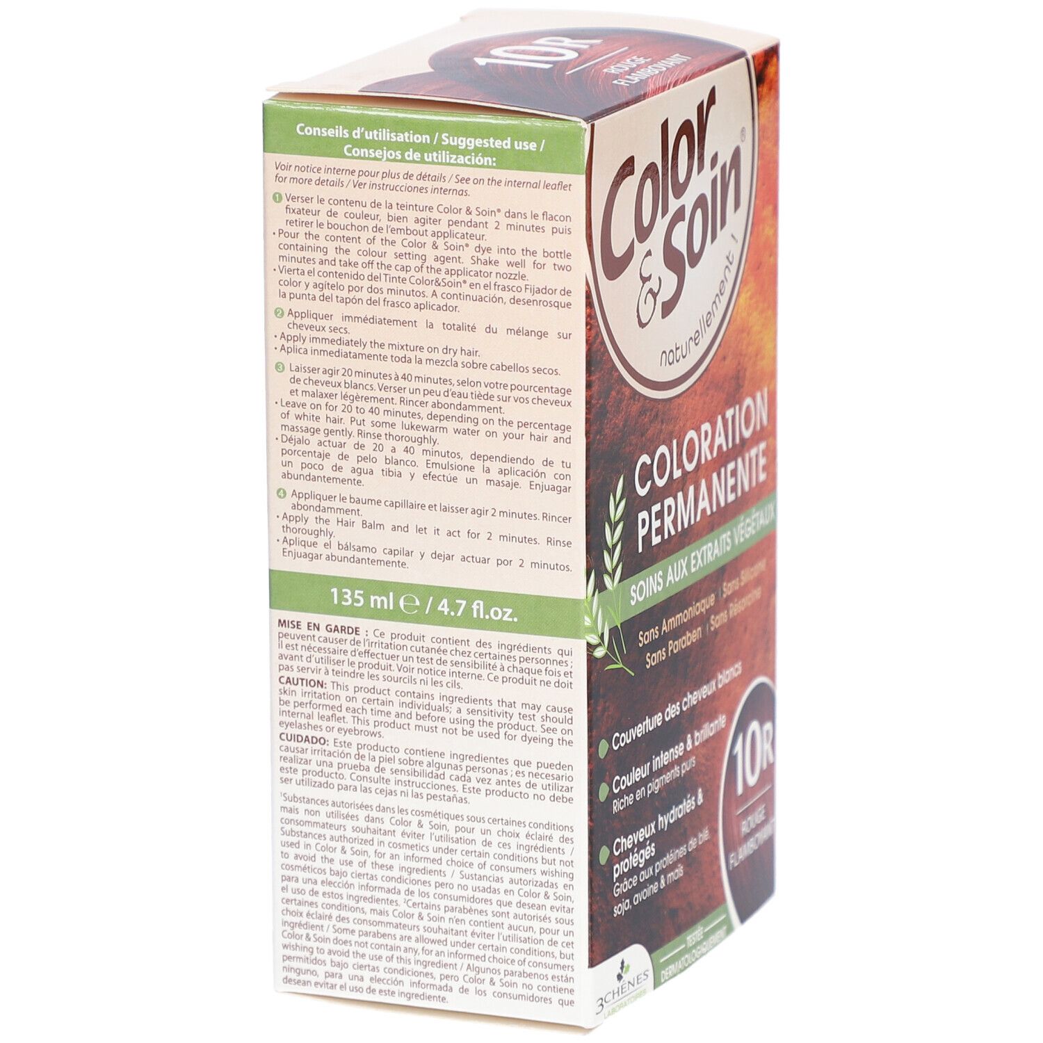 Haarfärbemittel-Verpackung. Aufschrift: Color & Soin, Coloration Permanente, 10R Rouge Flamboyant. Seite mit Gebrauchsanweisung und Vorsichtshinweisen.