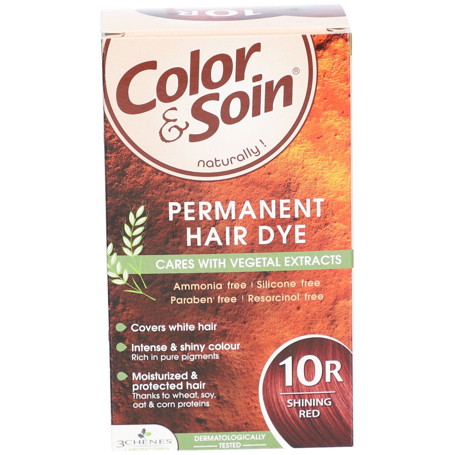 Haarfärbemittel-Verpackung. Aufschrift: Color & Soin, Permanent Hair Dye, 10R Shining Red. Frei von Ammoniak, Silikon, Parabenen und Resorcinol.