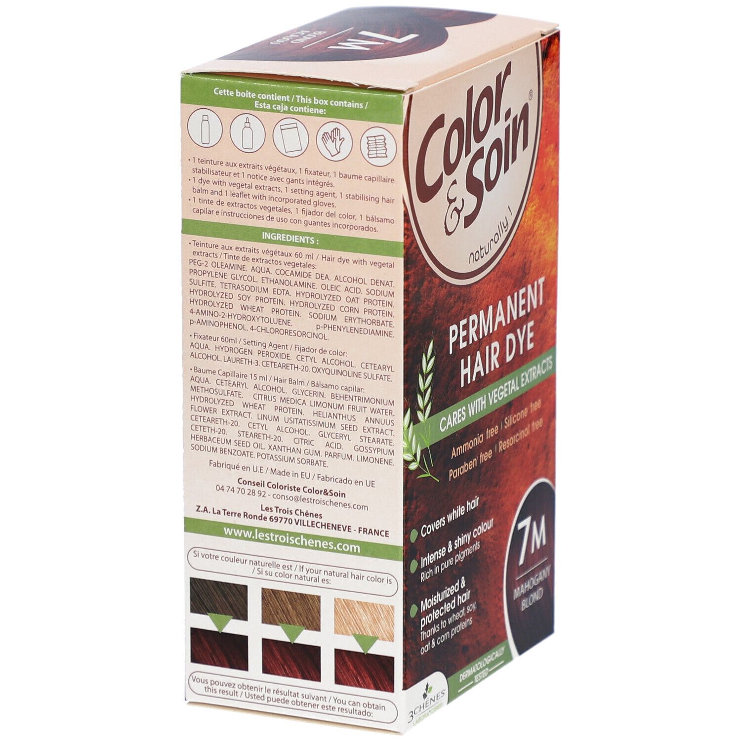 Boîte de coloration capillaire. Dos avec ingrédients et exemples de couleurs. Inscription : Color & Soin, Permanent Hair Dye, 7M Mahagoni-Blond.