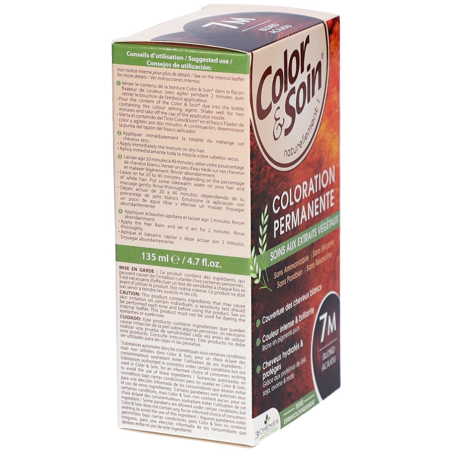 Boîte de coloration capillaire. Dos avec instructions d'utilisation. Inscription : Coloration Permanente, 7M Blond Acajou. Contient des extraits végétaux.