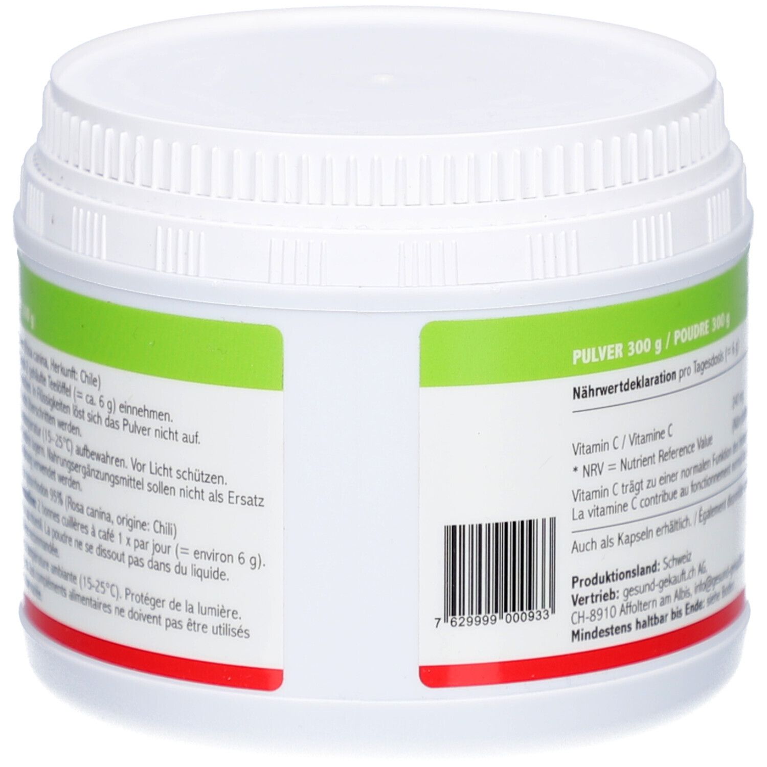 Rückseite der Dose. Etikett mit Nährwertangaben, Barcode und Herstellerinformationen. Text in Deutsch und Französisch.