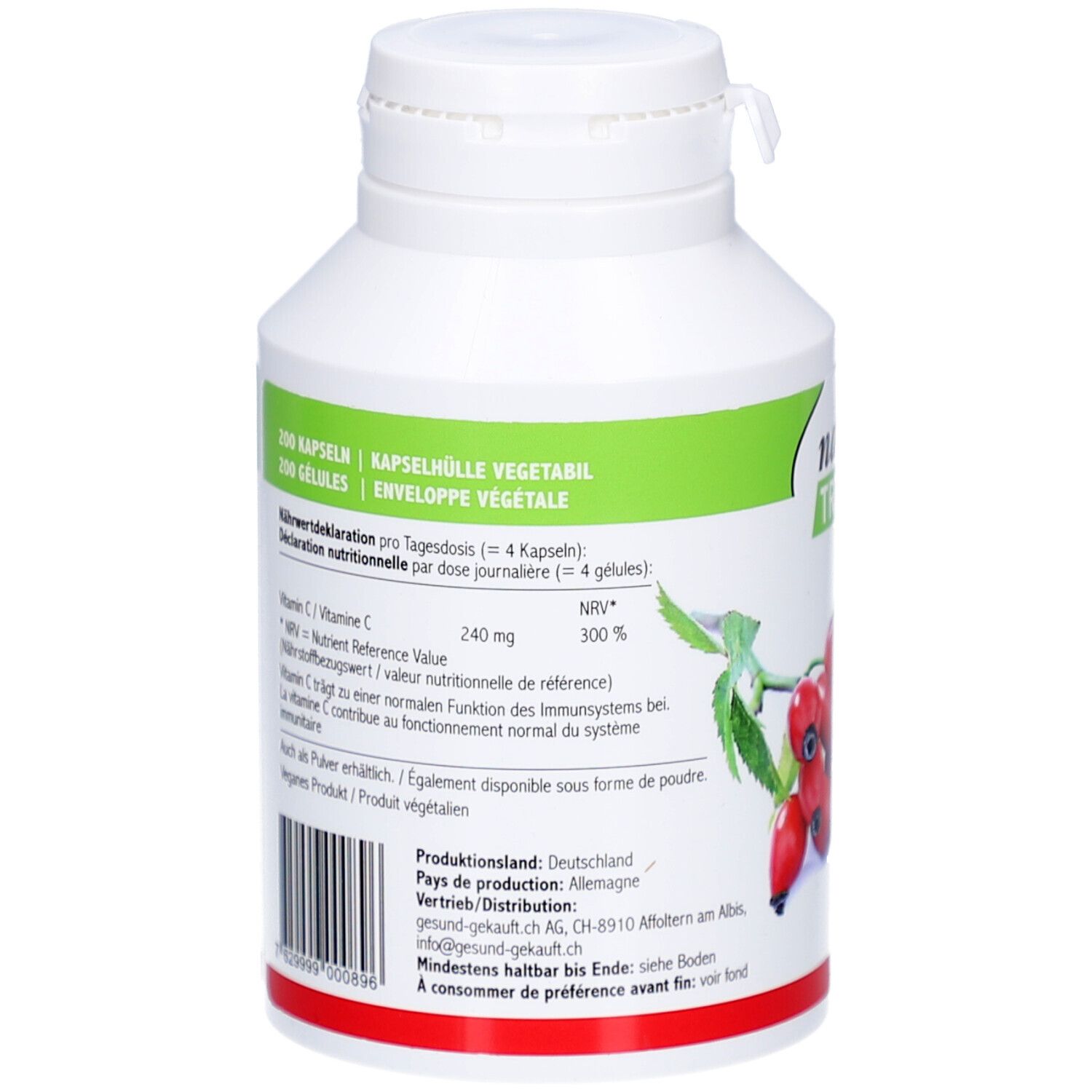 Rückseite der weißen Flasche. Informationen zu Inhaltsstoffen, Nährwerten und Hersteller. Abbildung von Hagebutten.