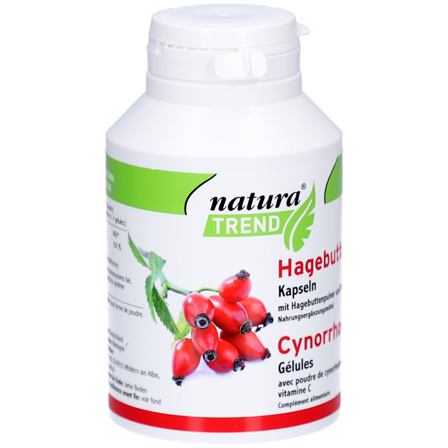 Weiße Flasche mit grünem Deckel. Aufschrift: natura TREND, Hagebutten Kapseln, Cynorrhodon. Abbildung von Hagebutten.