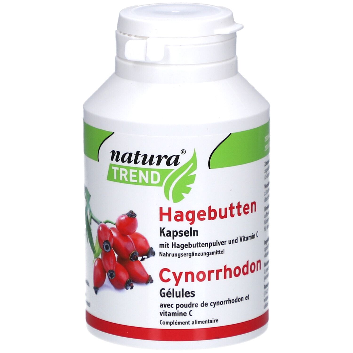 Weiße Flasche mit grünem Deckel. Aufschrift: natura TREND, Hagebutten Kapseln, Cynorrhodon. Abbildung von Hagebutten.