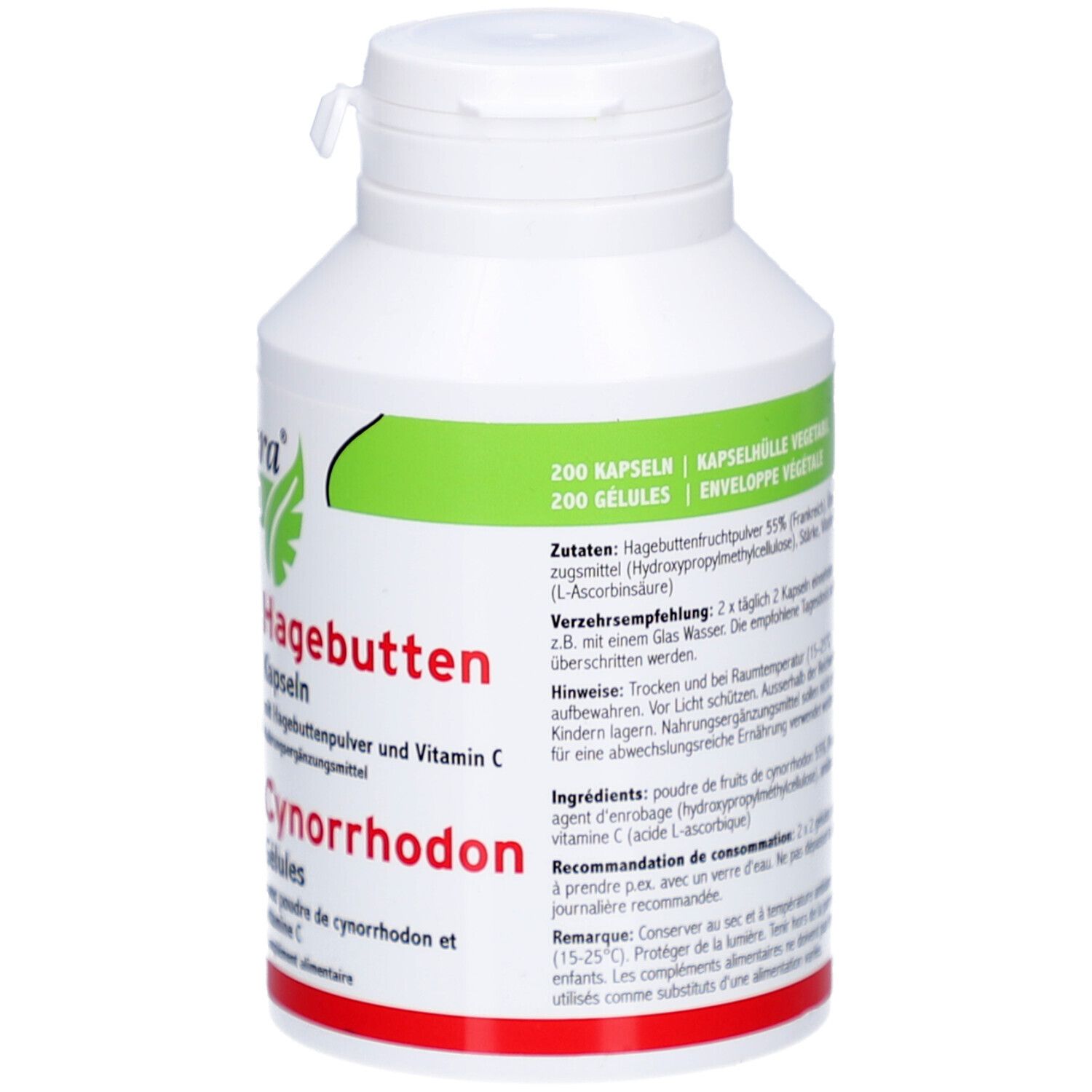 Rückseite der weißen Flasche. Informationen zu Inhaltsstoffen, Verzehrempfehlung und Hersteller. Text in Deutsch und Französisch.