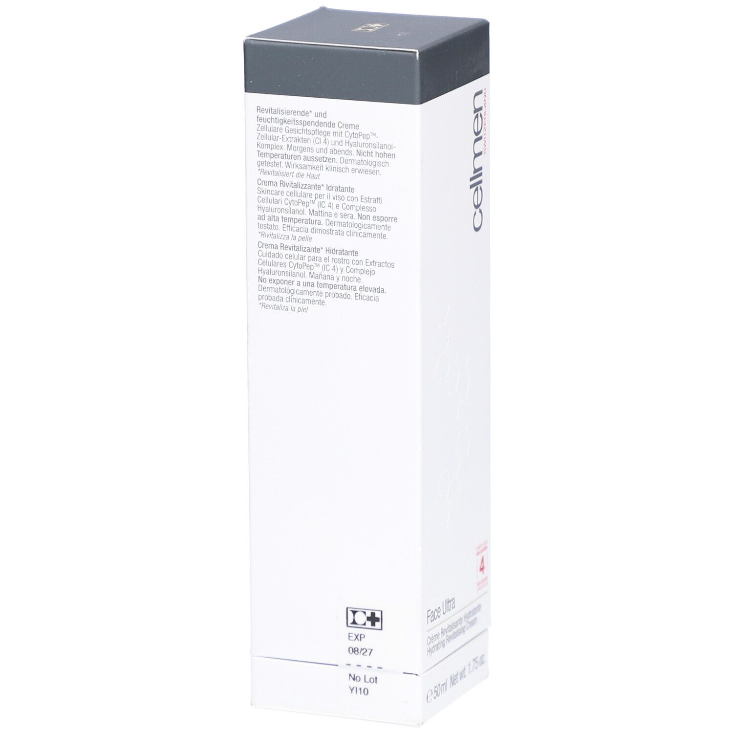Weißer Karton mit grauer Oberseite. Text in Deutsch und Italienisch. Aufschrift: cellmen, Face Ultra, 50ml.