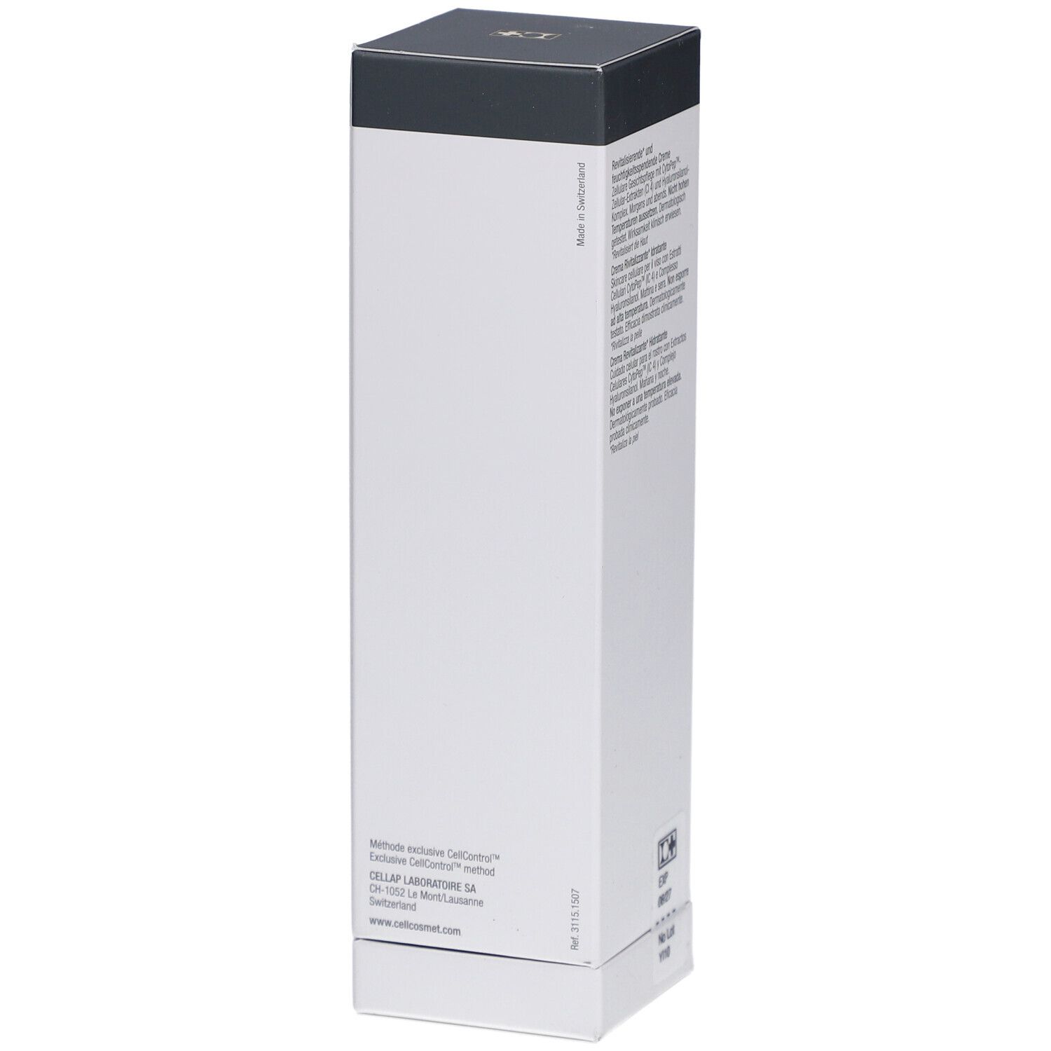 Weißer Karton mit grauer Oberseite. Aufschrift: cellmen, Swiss. Text in Französisch. www.cellcosmet.com.