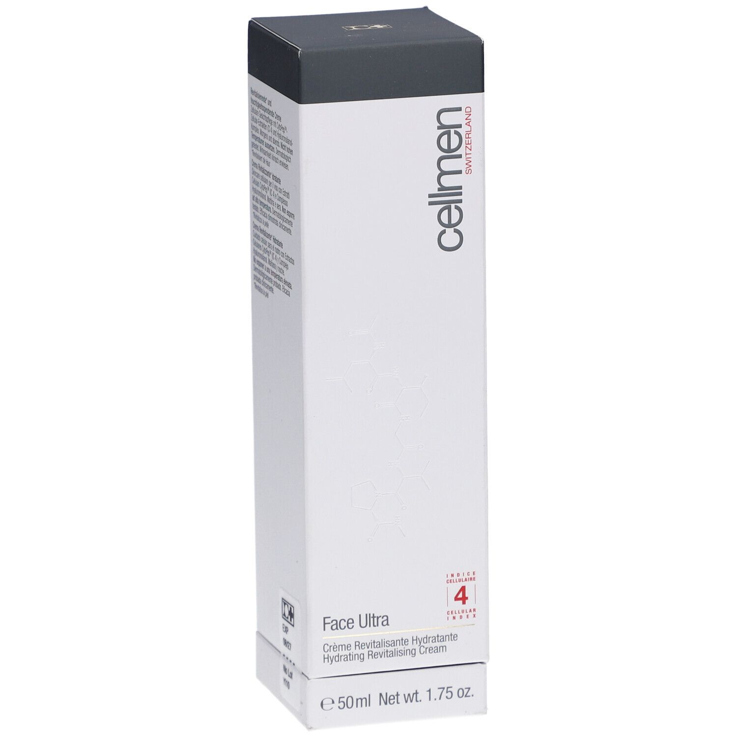 Weißer Karton mit grauer Oberseite. Aufschrift: cellmen, Face Ultra, Hydrating Revitalizing Cream. 50ml.