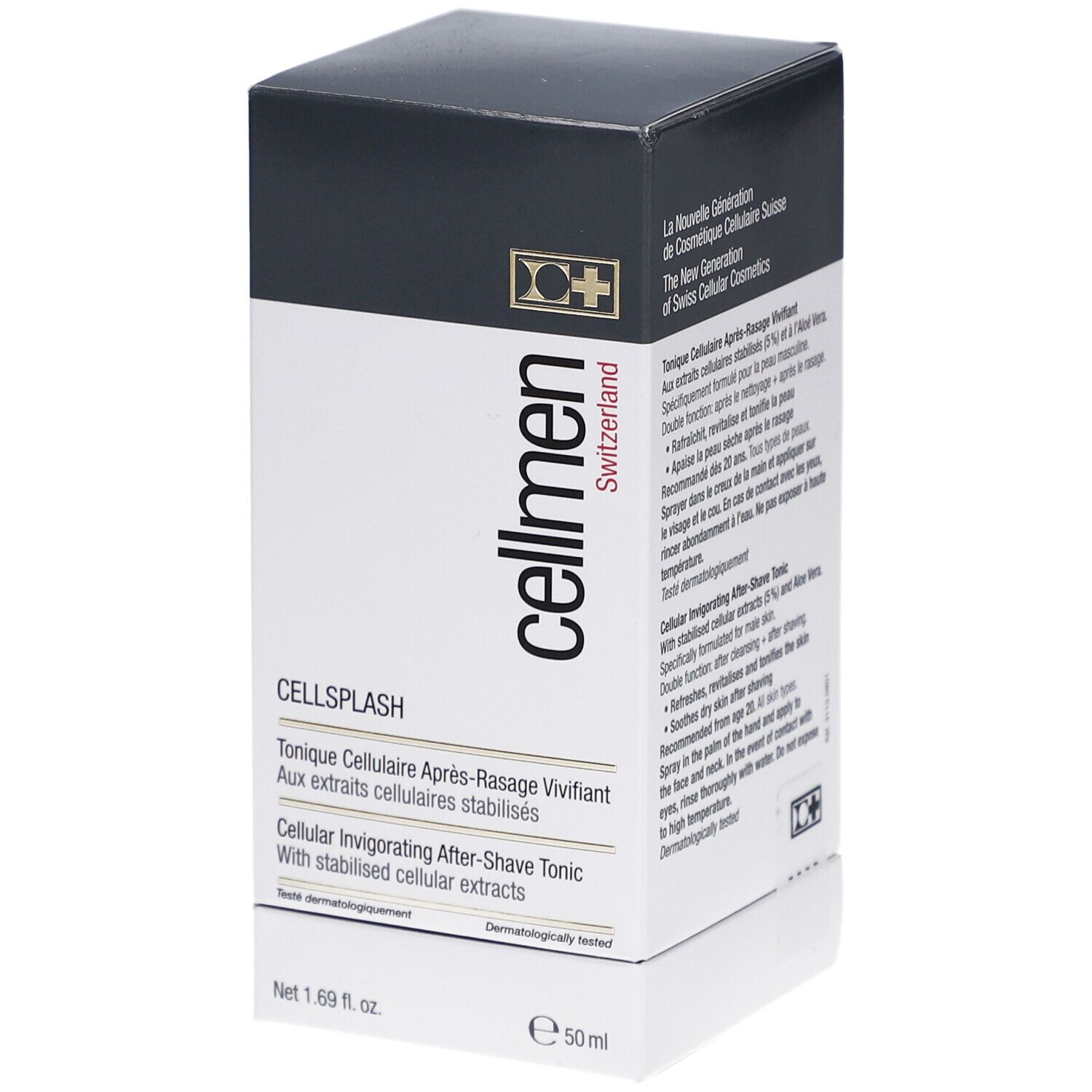 Boîte Cellcosmet Cellmen Cellsplash. Blanc, noir et rouge. Texte: Cellmen, Cellsplash, Tonique Après-Rasage. 50 ml.