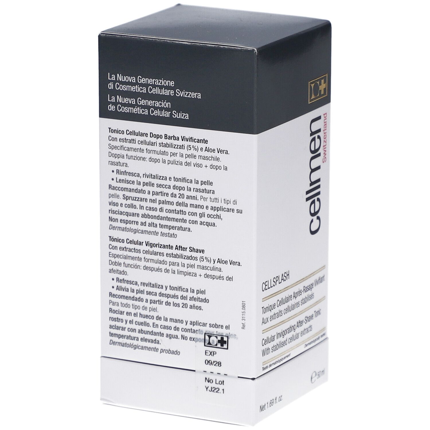 Boîte Cellcosmet Cellmen Cellsplash. Dos avec texte en allemand, italien, français. Date de péremption 09/28.