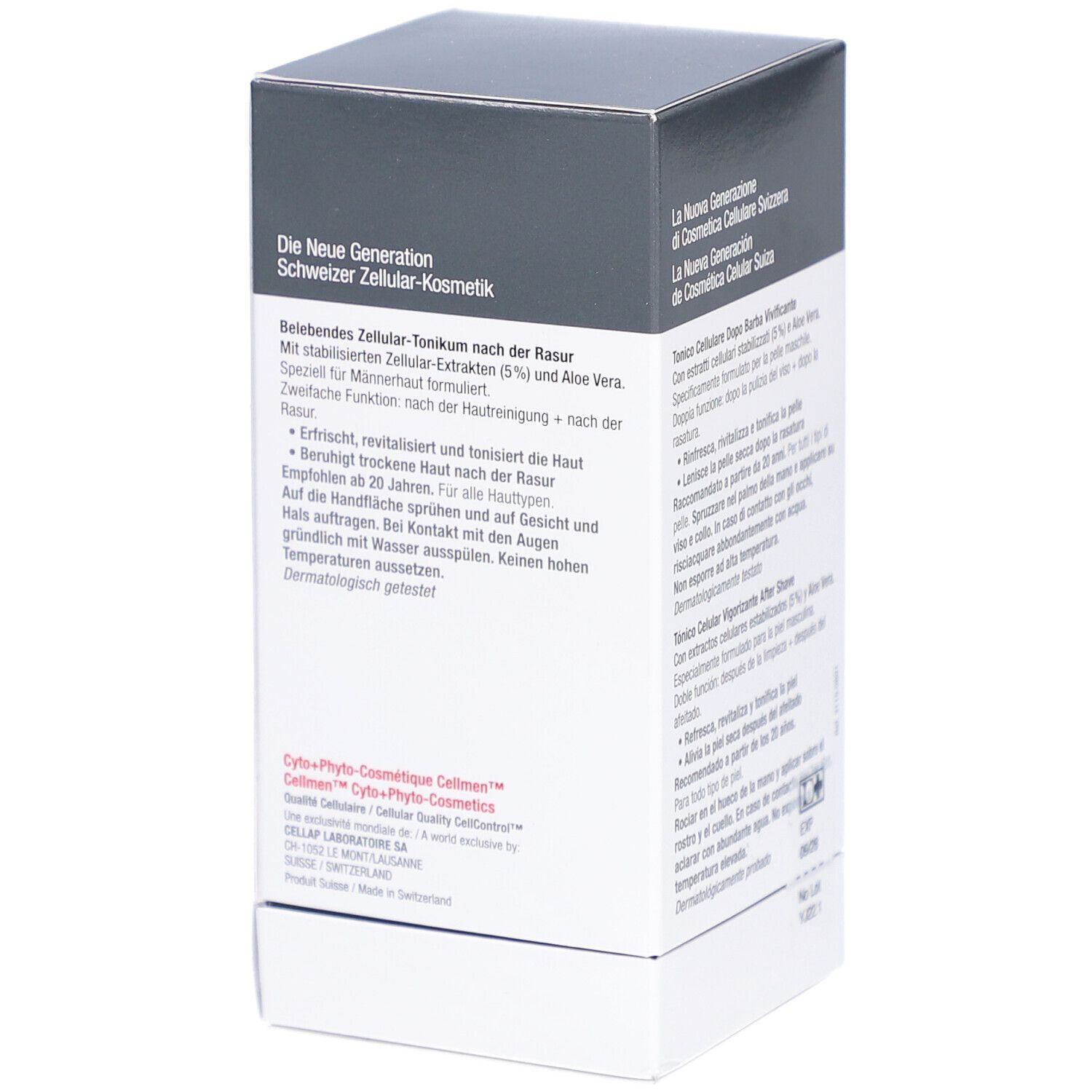 Boîte Cellcosmet Cellmen Cellsplash. Dos avec texte en allemand, italien, français. Testé dermatologiquement.