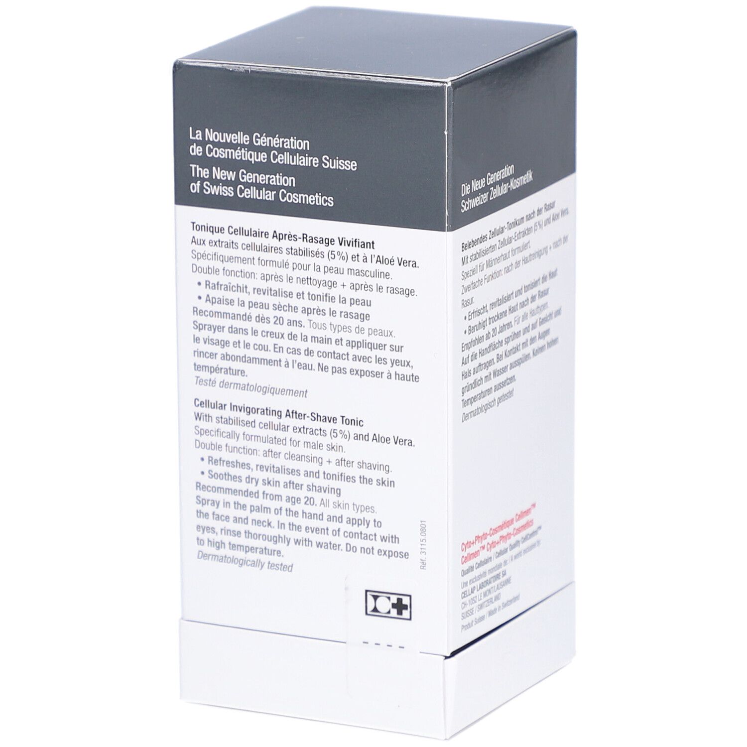 Boîte Cellcosmet Cellmen Cellsplash. Dos avec texte en allemand, italien, français. Testé dermatologiquement.