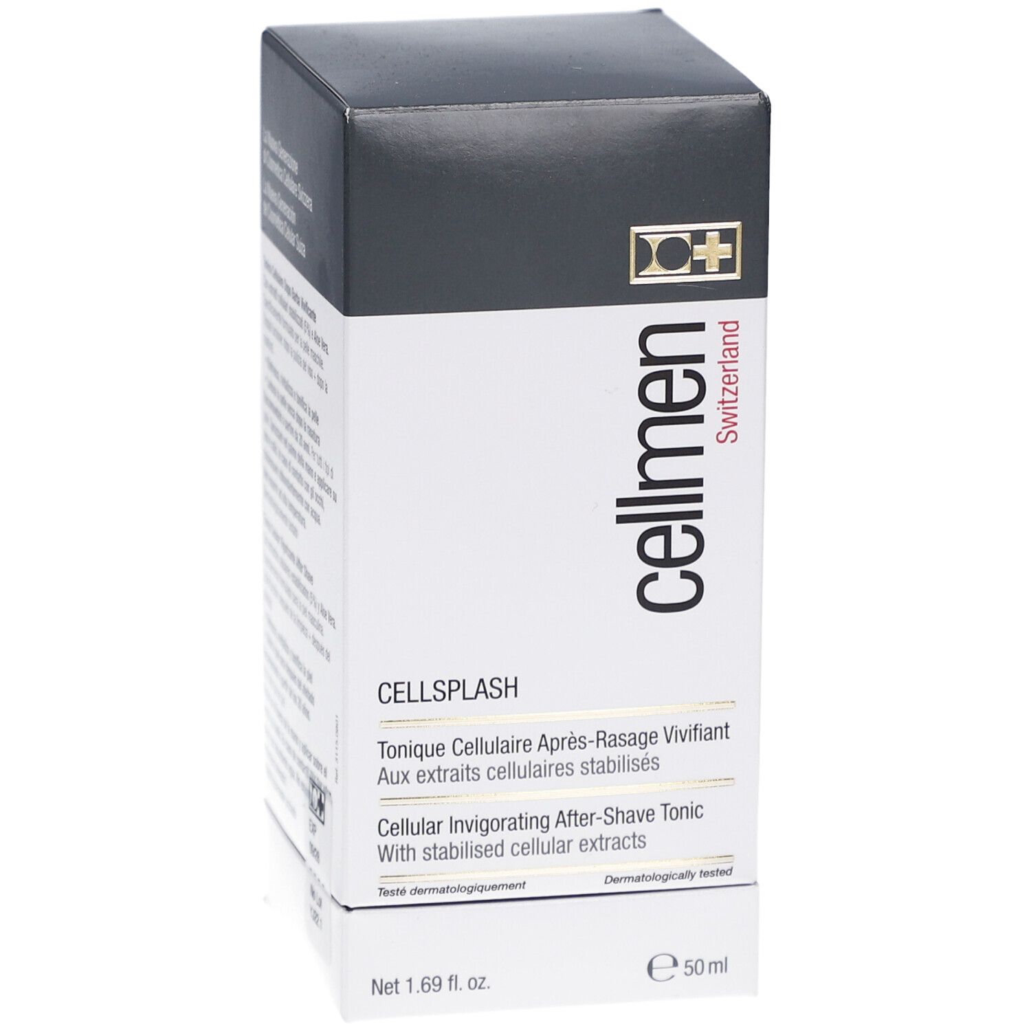 Boîte Cellcosmet Cellmen Cellsplash. Face avec texte: Cellmen, Cellsplash, Tonique Après-Rasage. 50 ml.