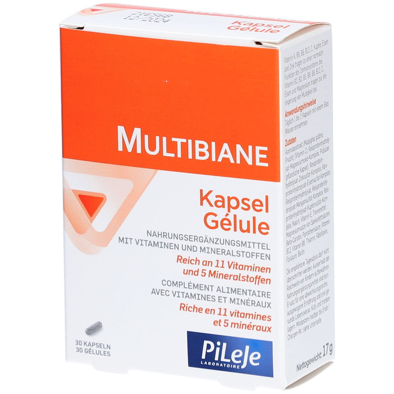 Multibiane-Verpackung. Orange-weißes Rechteck mit Produktnamen und Kapsel-Abbildung. Enthält 30 Kapseln. Marke: Pileje.